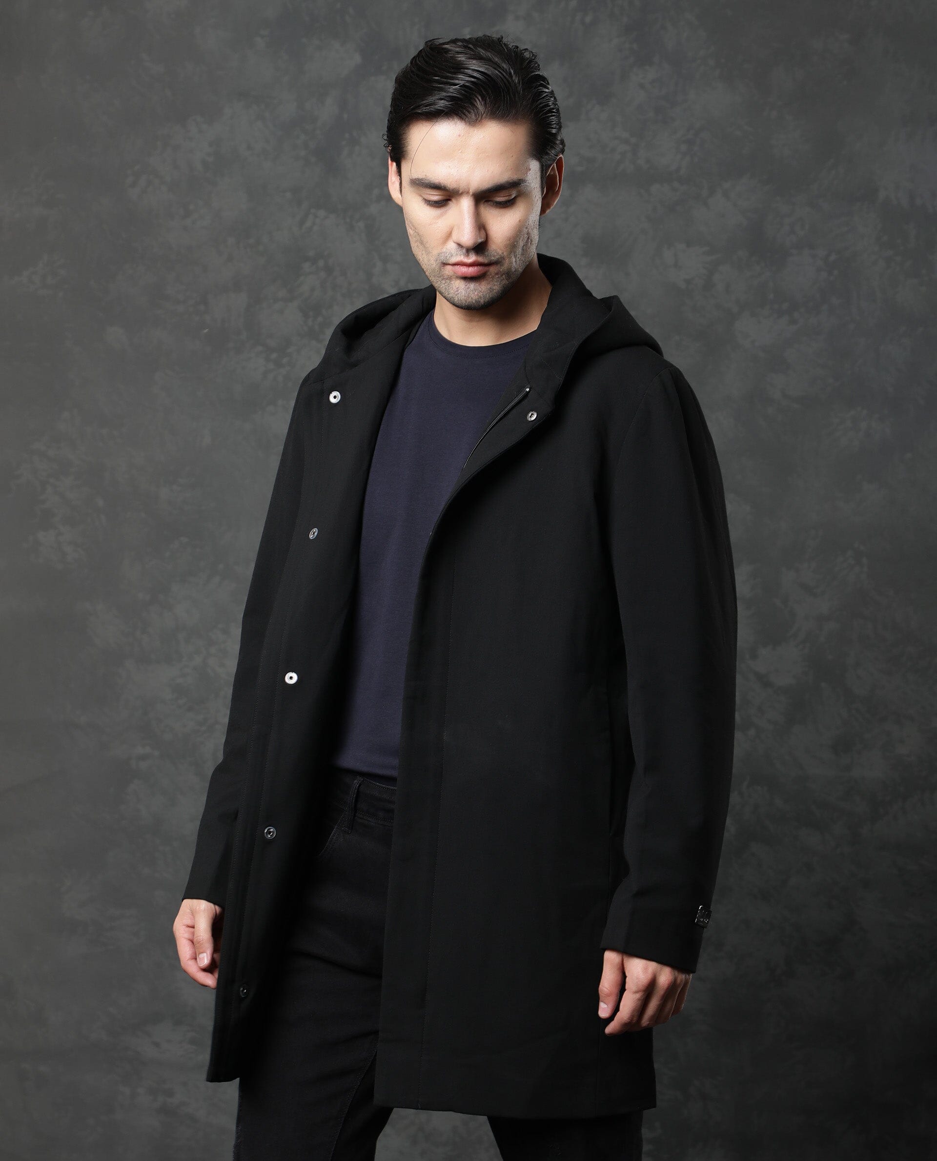 Rare Rabbit Men'S Clichy Black Jacket Polyester Viscose Fabric Hooded Neck Full Sleeves Zipper Closure Slim Fit