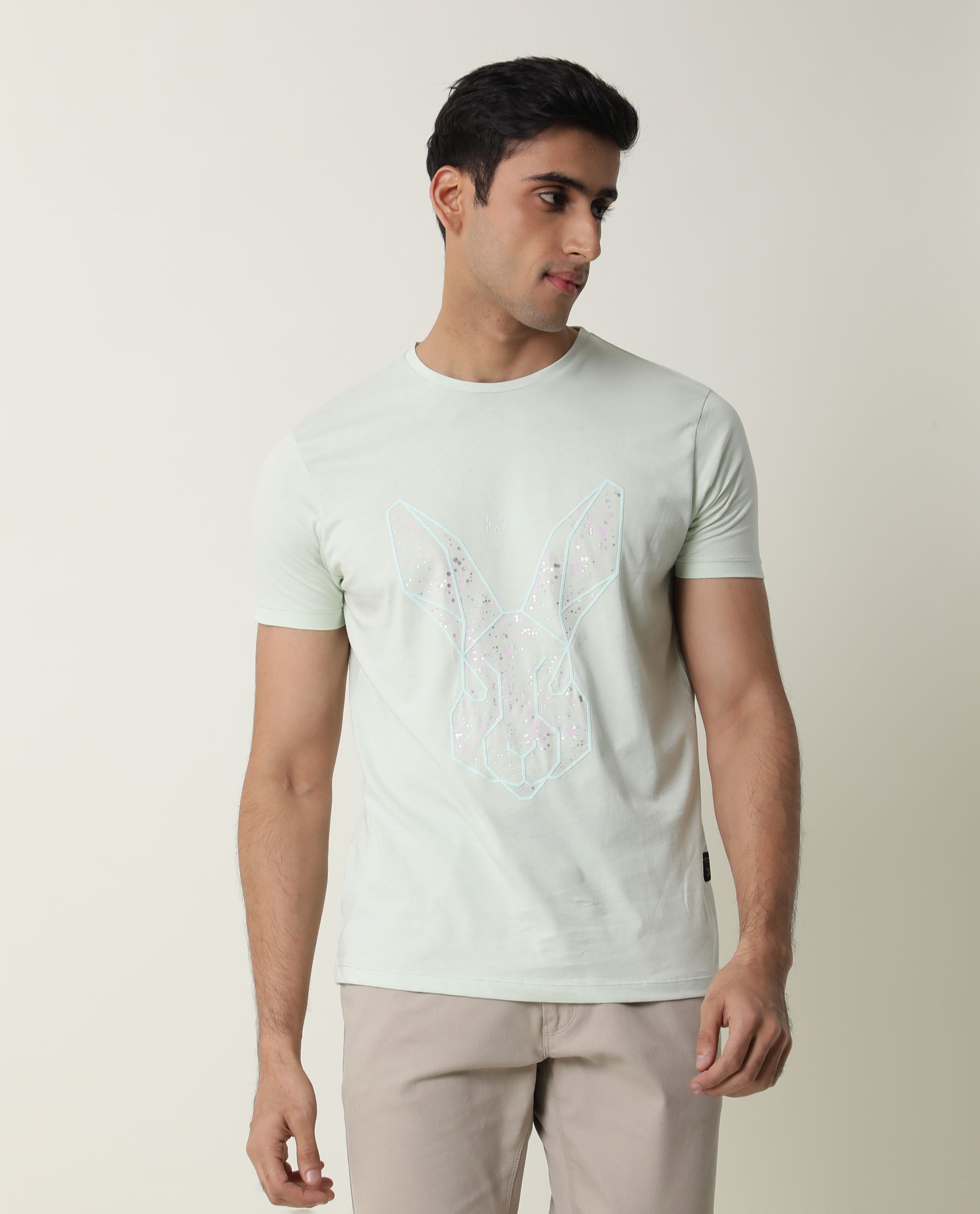 RARE RABBIT MENS MODERN-2 GREEN T-SHIRT COTTON FABRIC SLIM FIT CREW NECK HALF SLEEVE