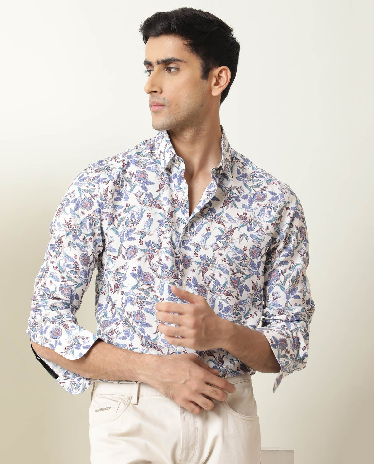 Rare Rabbit Men's Lambos White Viscose Fabric Floral Print Full Sleeves Shirt