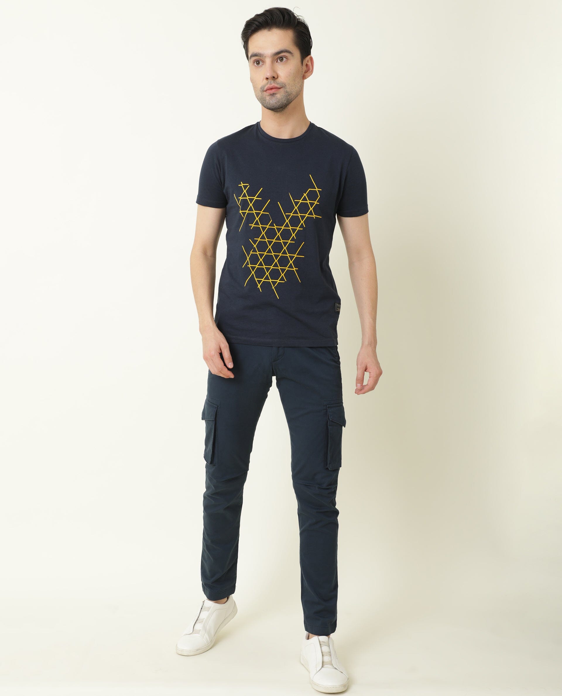 Rare Rabbit Men's Hegon Navy Crew Neck HD Printed Half Sleeves Slim Fit T-Shirt