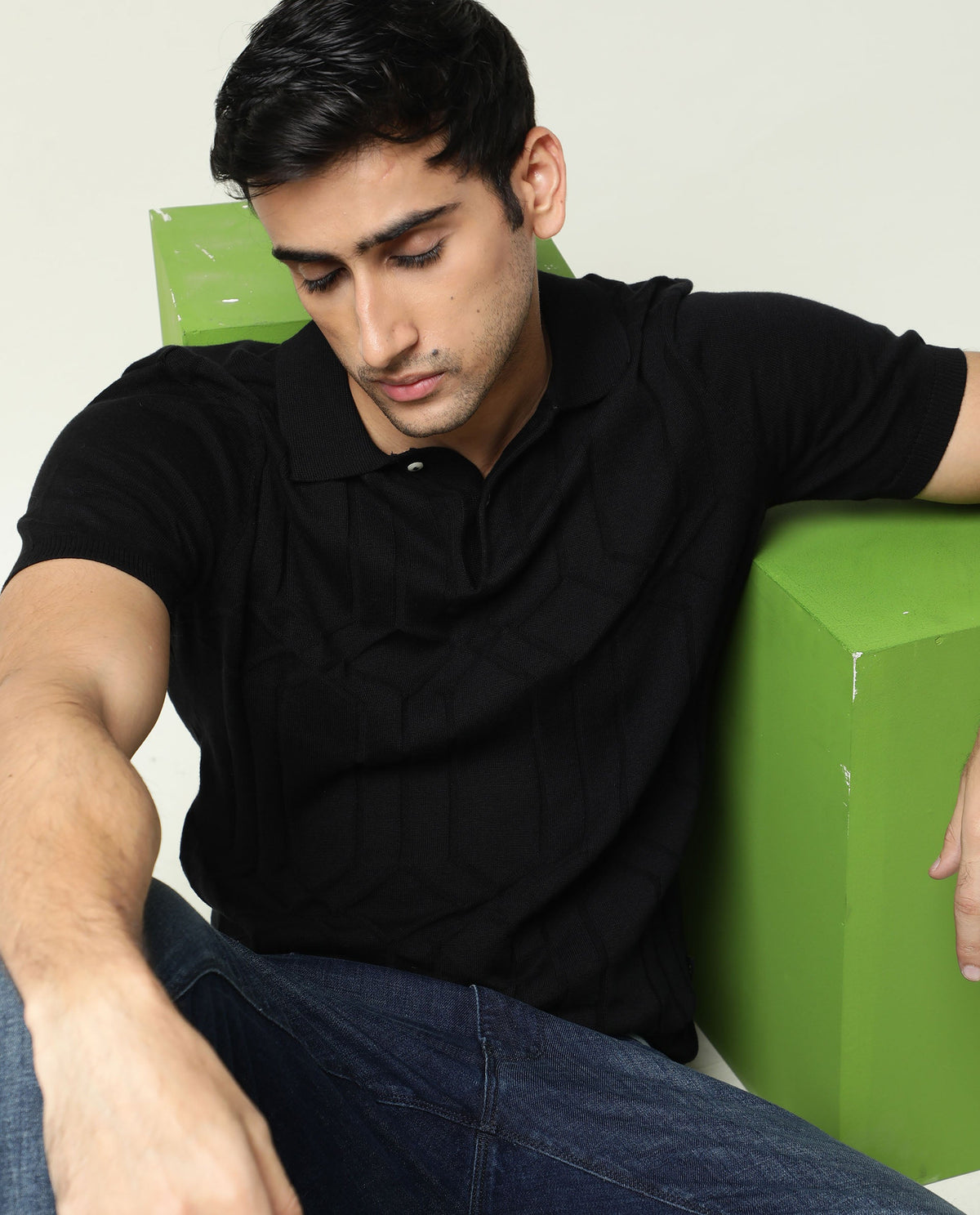 RARE RABBIT MEN'S LINK BLACK POLO COTTON FABRIC COLLARED NECK HALF SLEEVES BUTTON CLOSURE SLIM FIT