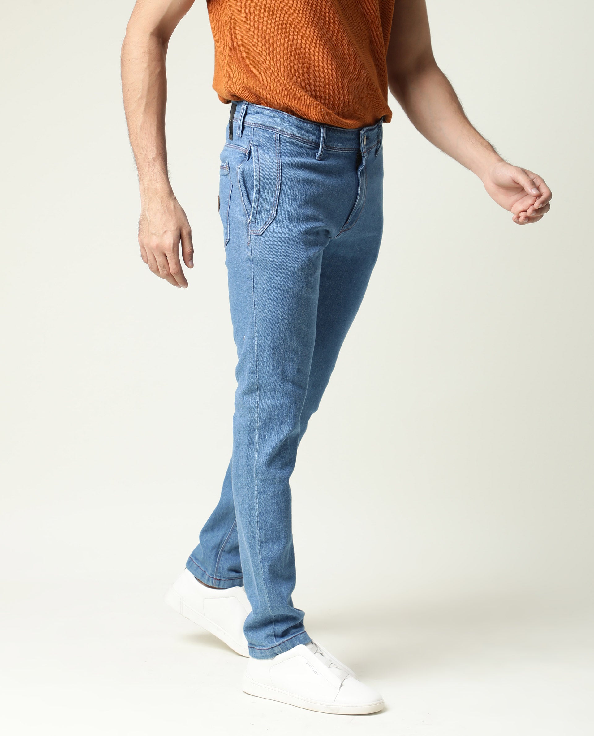 Rare Rabbit Men's Midtas  Blue Light Wash Mid-Rise Slim Fit Jeans