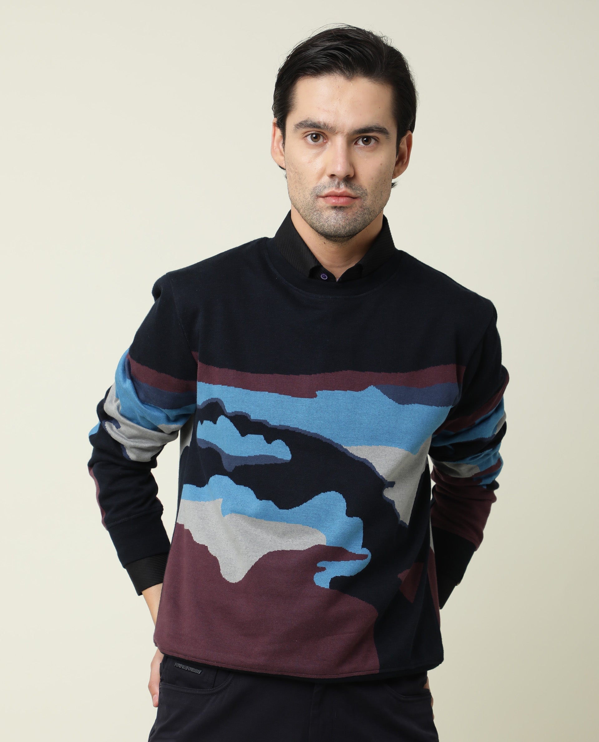 Rare Rabbit Men'S Hill Navy Cotton Fabric Crew Neck Full Sleeves Slim Fit Sweatshirt