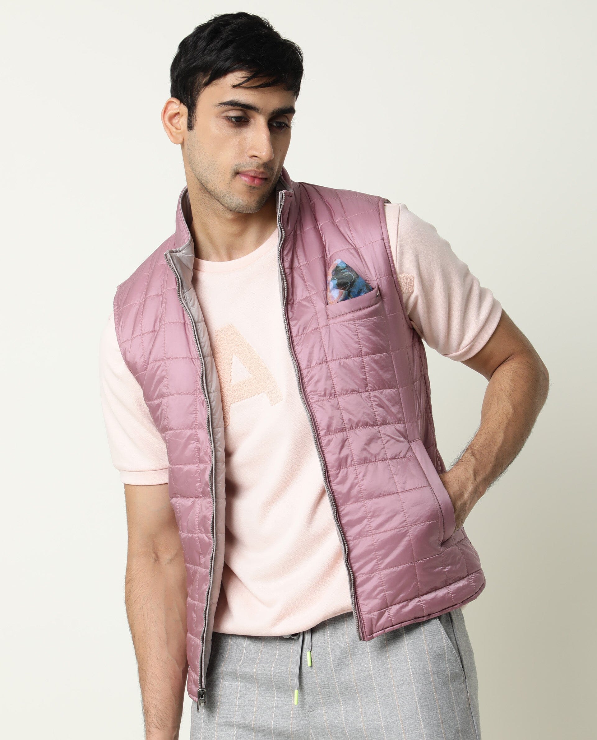 Rare Rabbit Men's Fillex Silver Solid Reversible Quilted Sleeveless Puffer Jacket