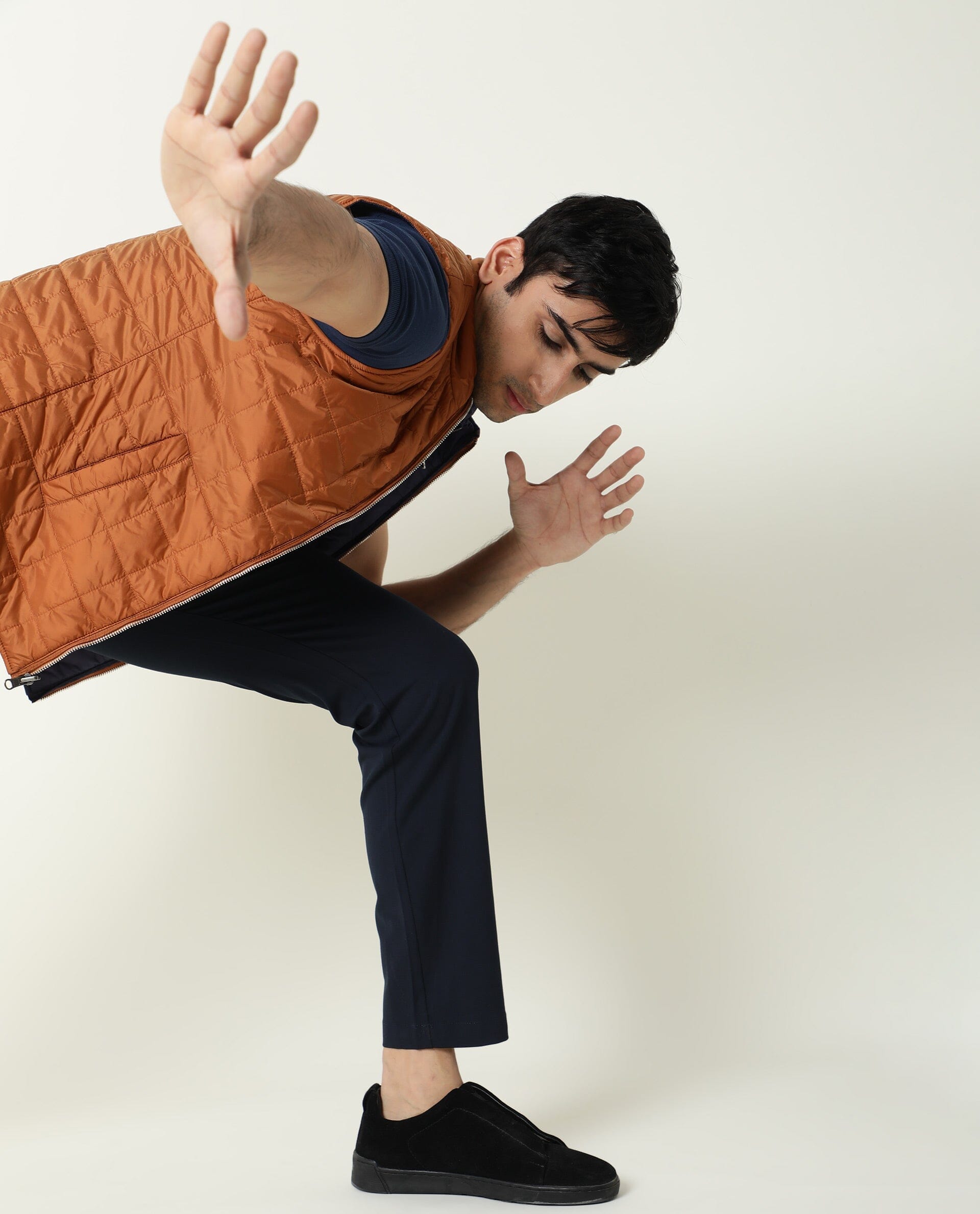 Rare Rabbit Men's Fillex Dark Blue Solid Reversible Quilted Sleeveless Puffer Jacket