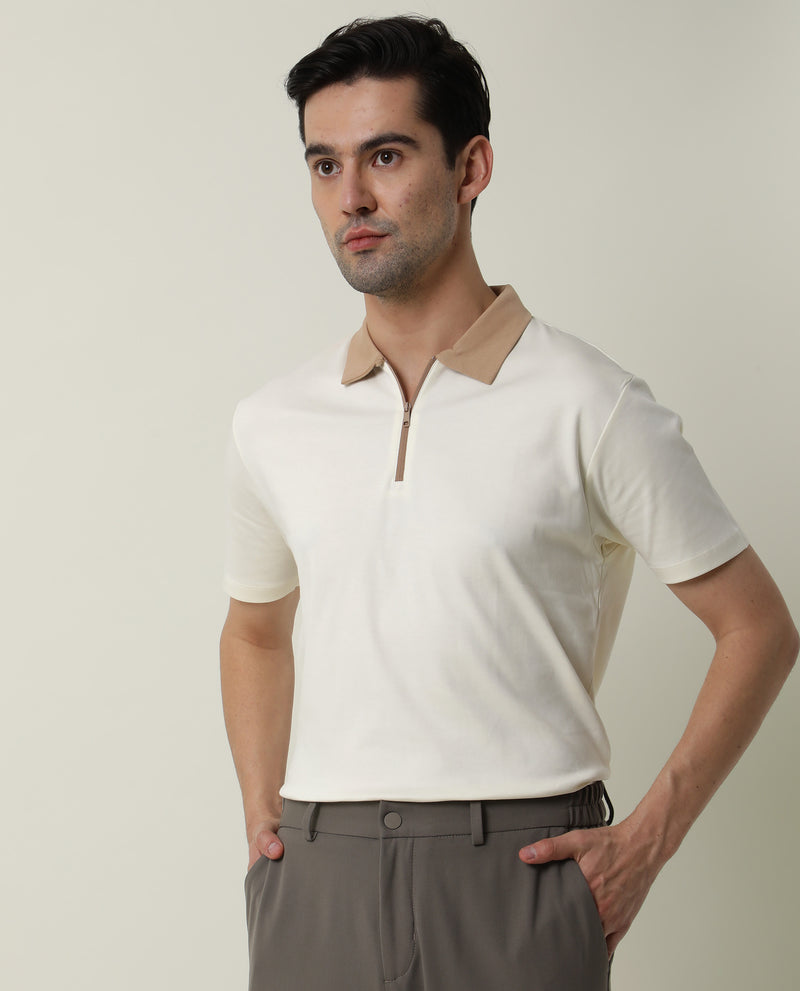 Rare Rabbit Men's Cloud White Cotton Fabric Collared Neck Zipper Closure Half Sleeves Polo T-Shirt