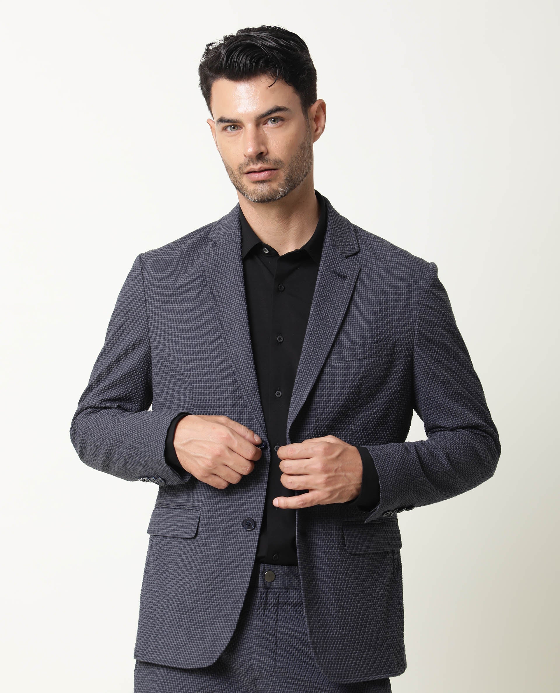 Rare Rabbit Men's Alps Navy Cotton Polyester Fabric Notch Lapel Single Breasted Slim Fit Micro Check Seer Sucker Blazer