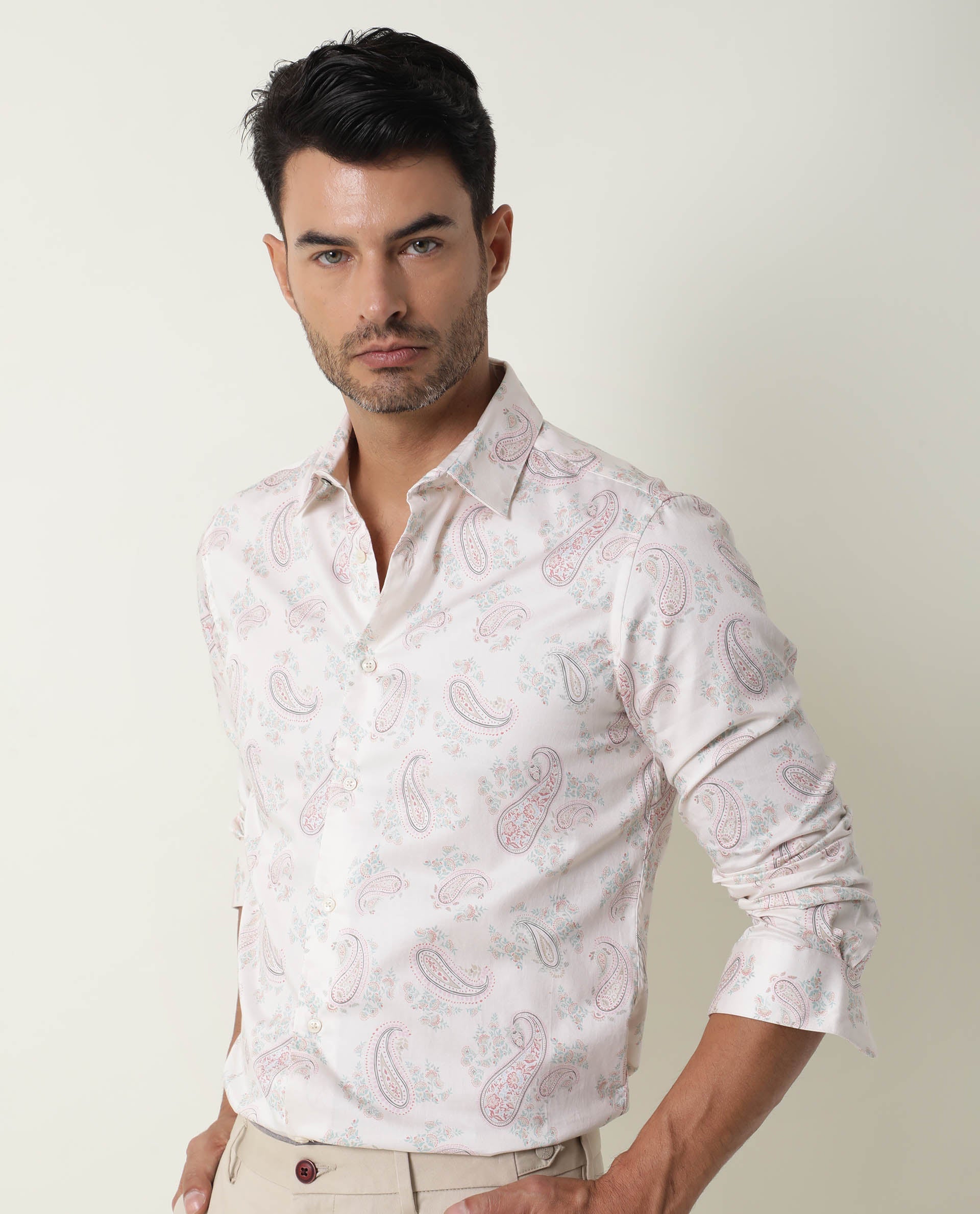 Rare Rabbit Men's Aldy Beige Viscose Fabric Paisley Print Full Sleeves Shirt