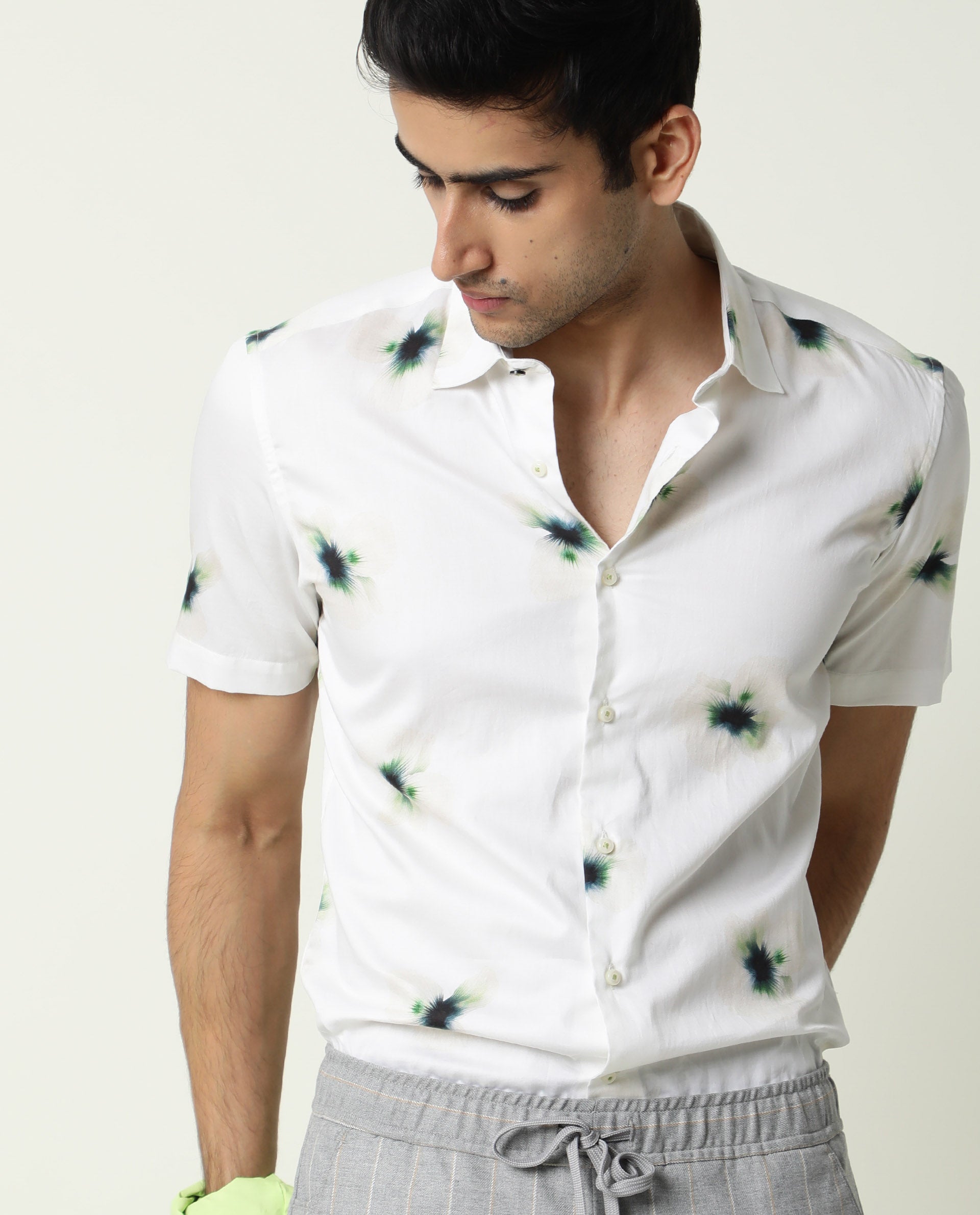 Rare Rabbit Men's Lara Off White Cotton Fabric Floral Print Half Sleeves Shirt