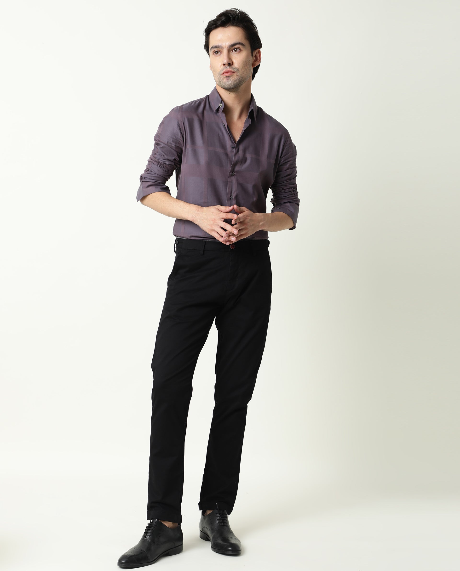 RARE RABBIT MEN'S BOXLINE-3 PURPLE SHIRT COTTON LYOCELL FABRIC COLLARED NECK FULL SLEEVES BUTTON CLOSURE SLIM FIT