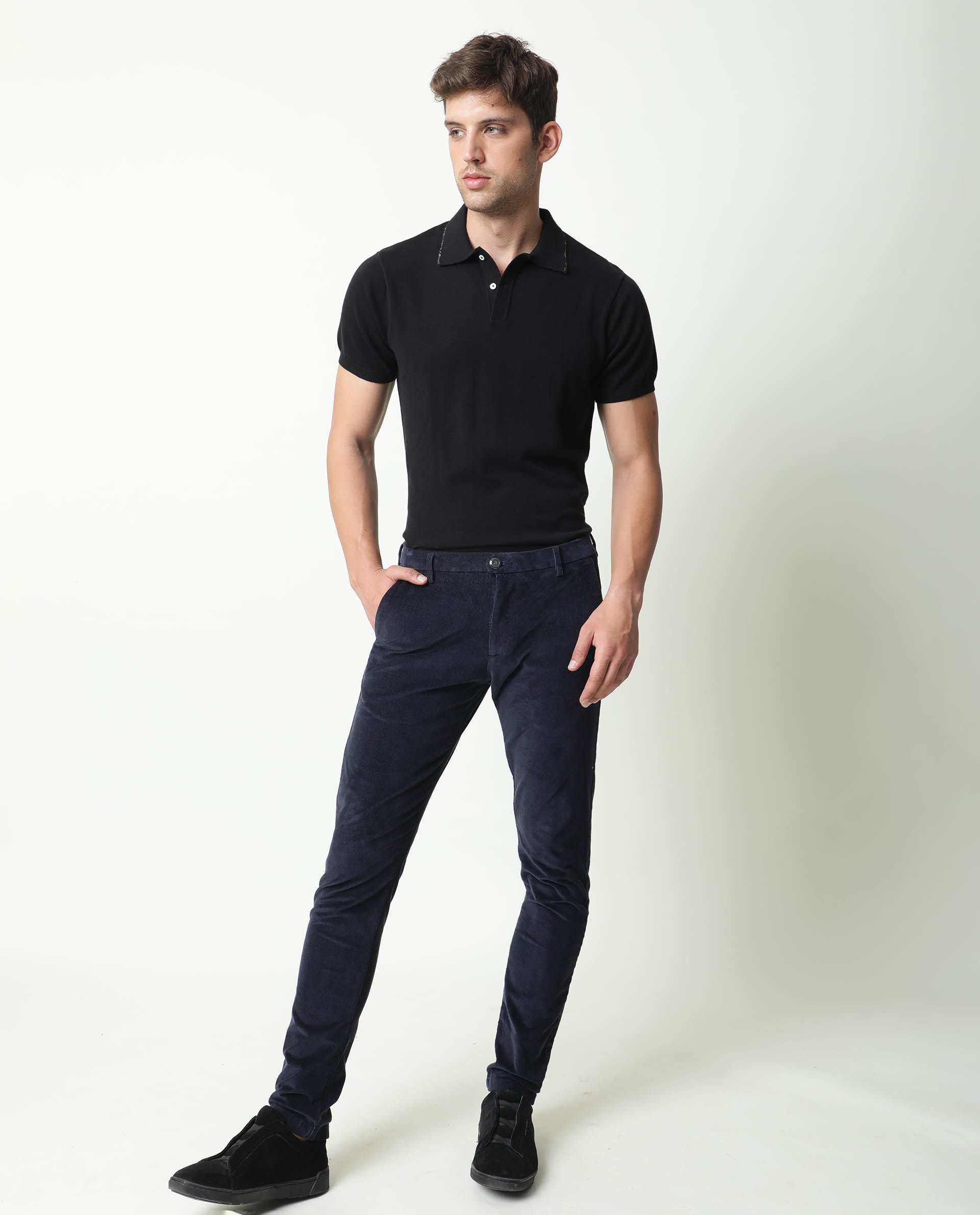 Rare Rabbit Men's Croc Navy Mid-Rise Regular Fit Premium Velvet Trouser