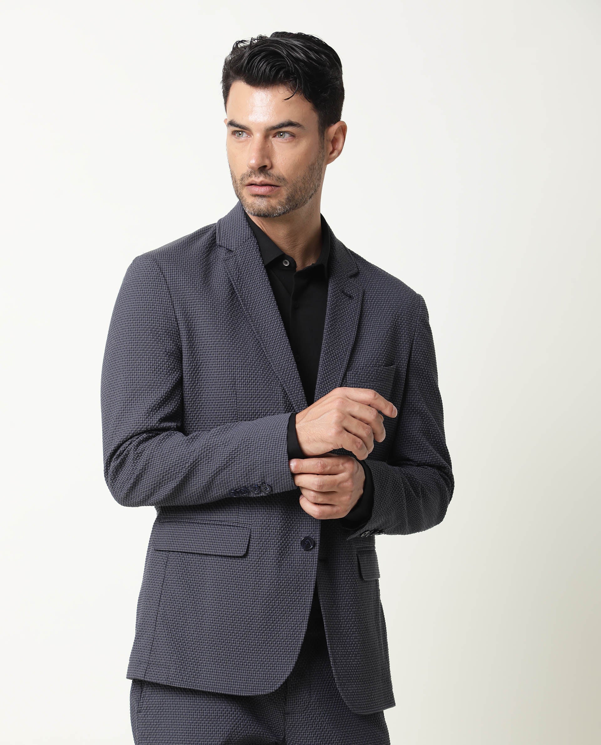 Rare Rabbit Men's Alps Navy Cotton Polyester Fabric Notch Lapel Single Breasted Slim Fit Micro Check Seer Sucker Blazer