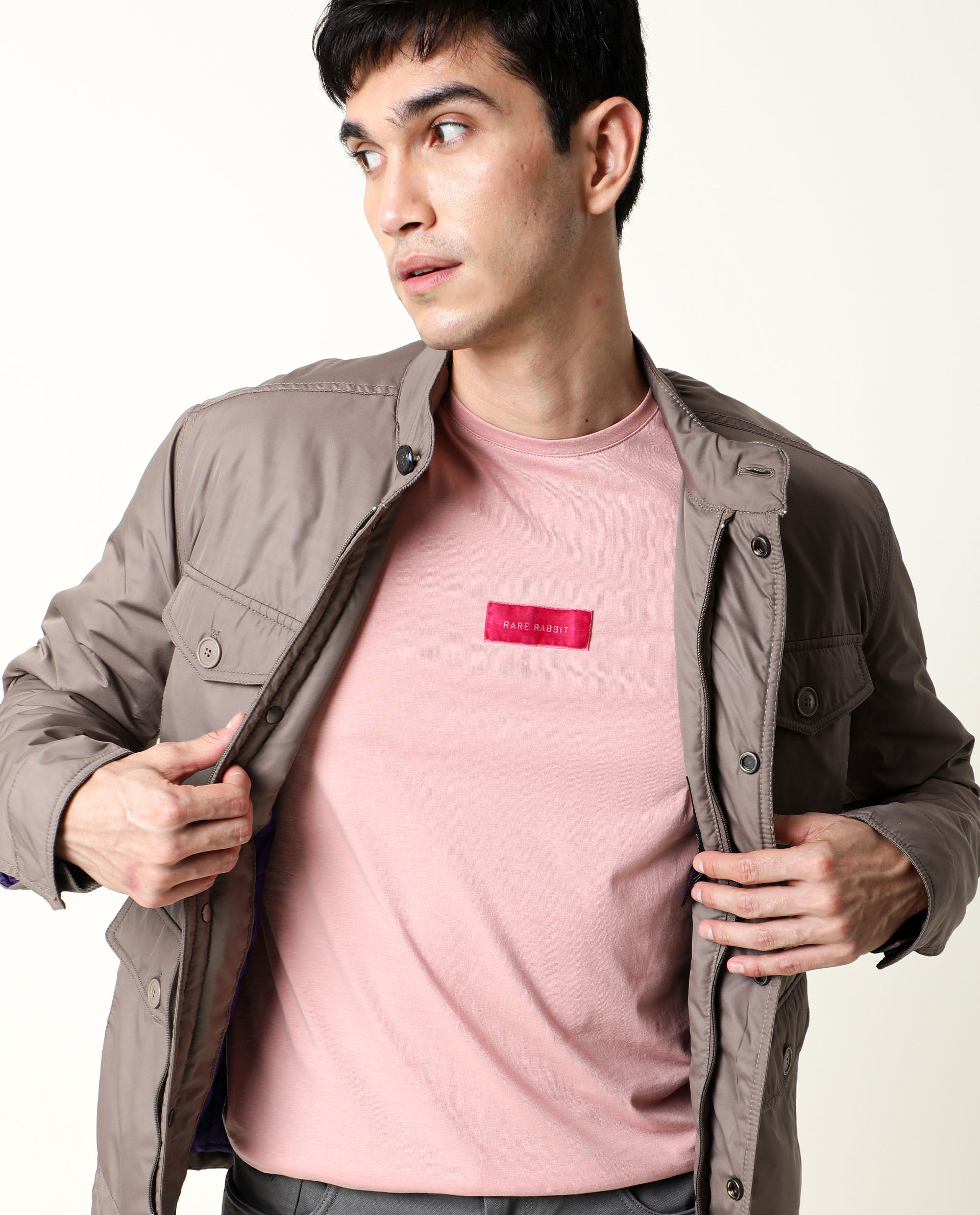 Rare Rabbit Men's Trix Peach Cotton Fabric Crew Neck Half Sleeves Slim Fit Velvet Badge Solid T-Shirt