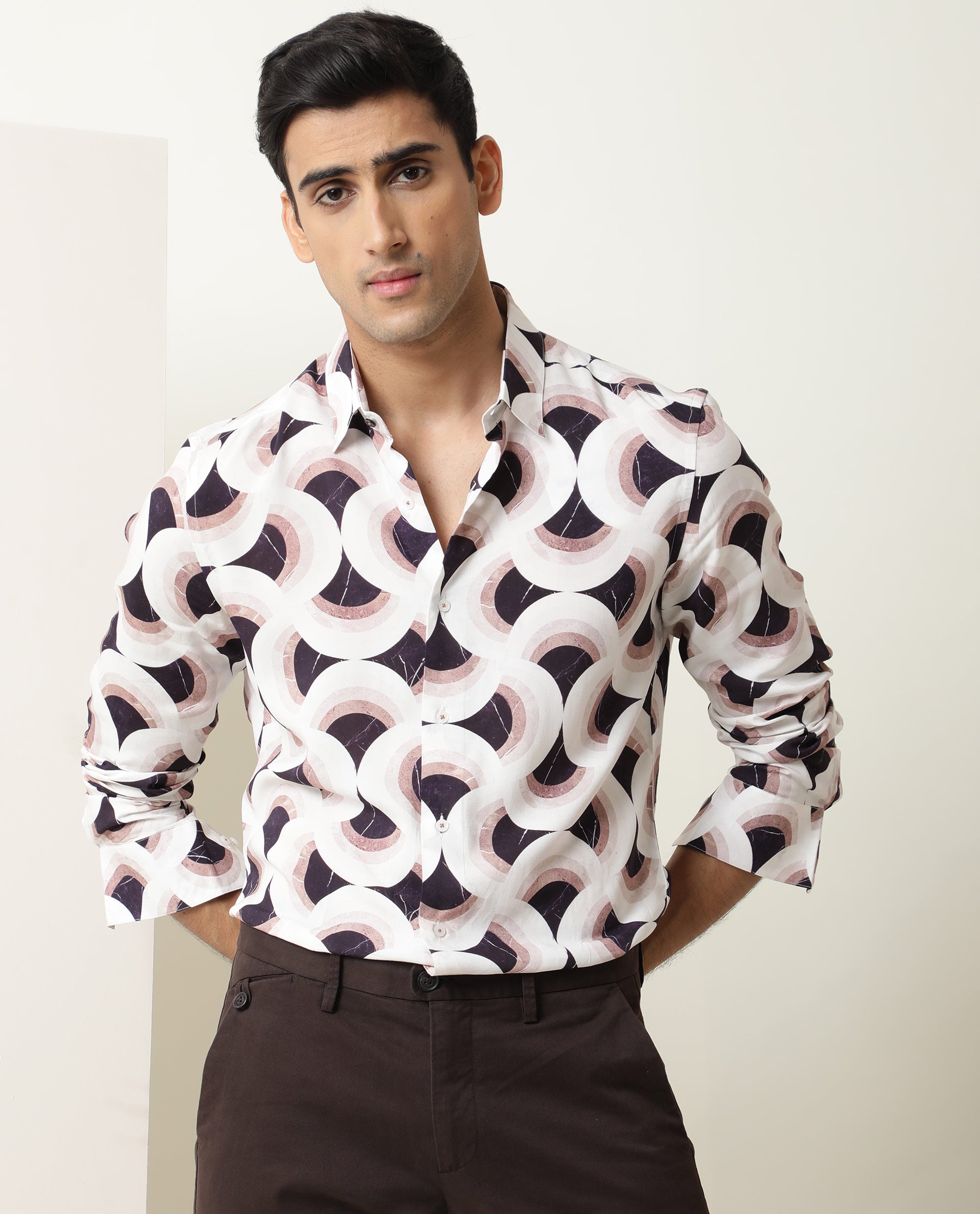 Rare Rabbit Men's Febug Off White Viscose Fabric Geometric Print Full Sleeves Shirt