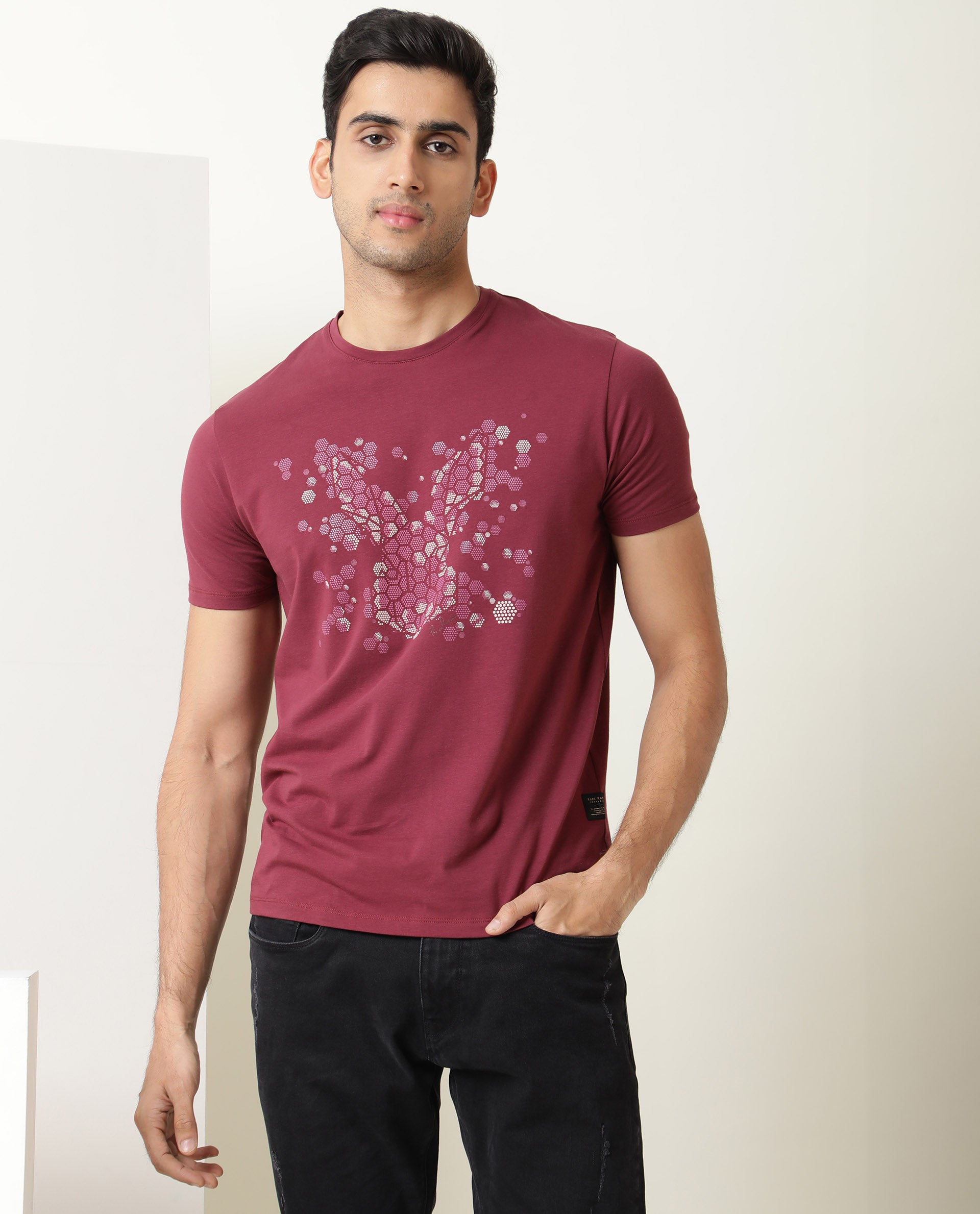 Rare Rabbit Men's Smokey Maroon Cotton Lycra Fabric Crew Neck Half Sleeves Regular Fit HD Printed Logo T-shirt