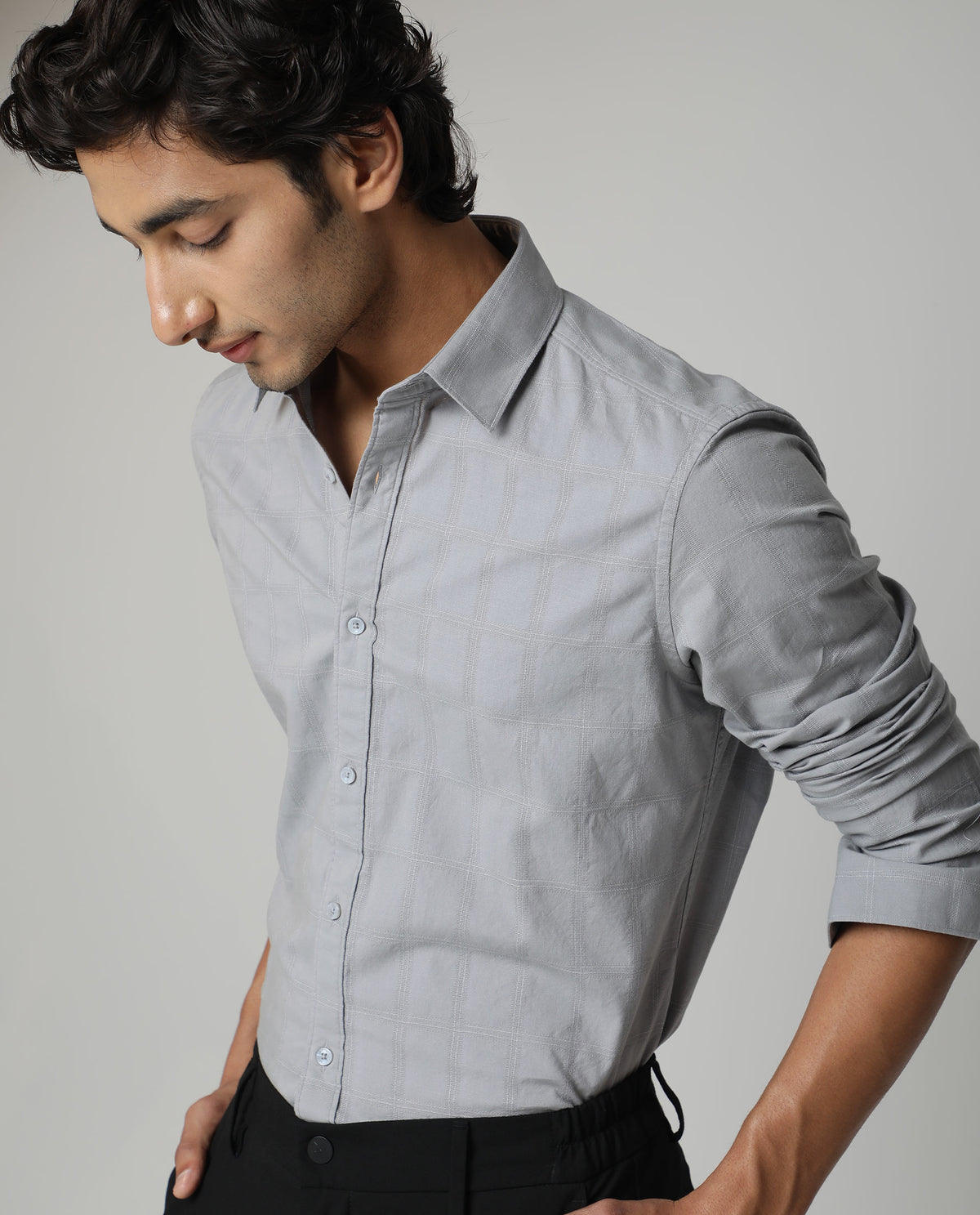 RARE RABBIT MEN'S HECKER GREY SHIRT COTTON FABRIC COLLARED NECK FULL SLEEVES BUTTON CLOSURE