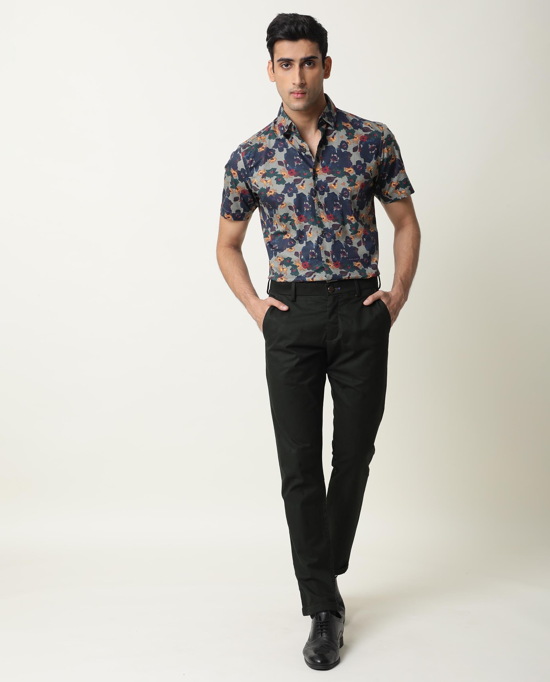 Rare Rabbit Men's Vishh Green Poplin Floral Printed Half Sleeves Shirt