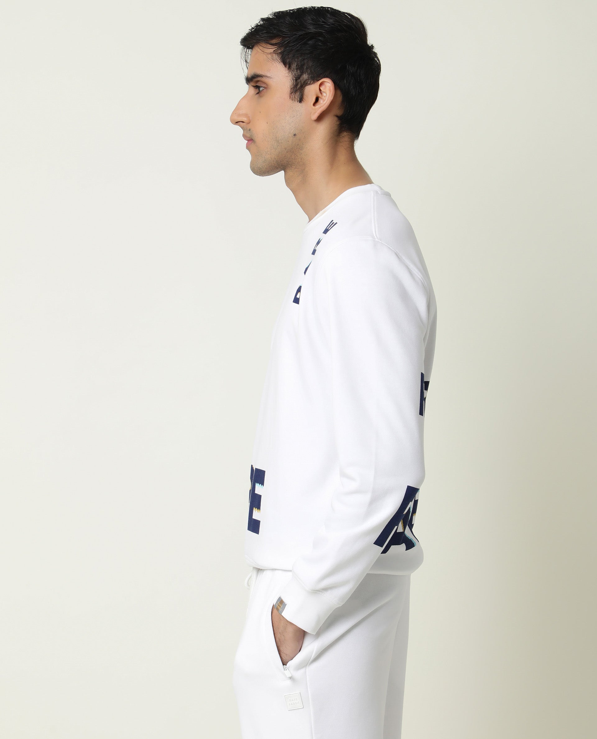 Rare Rabbit Men's Clovis White Cotton Polyester Fabric Full Sleeves Graphic Statement Print Sweatshirt