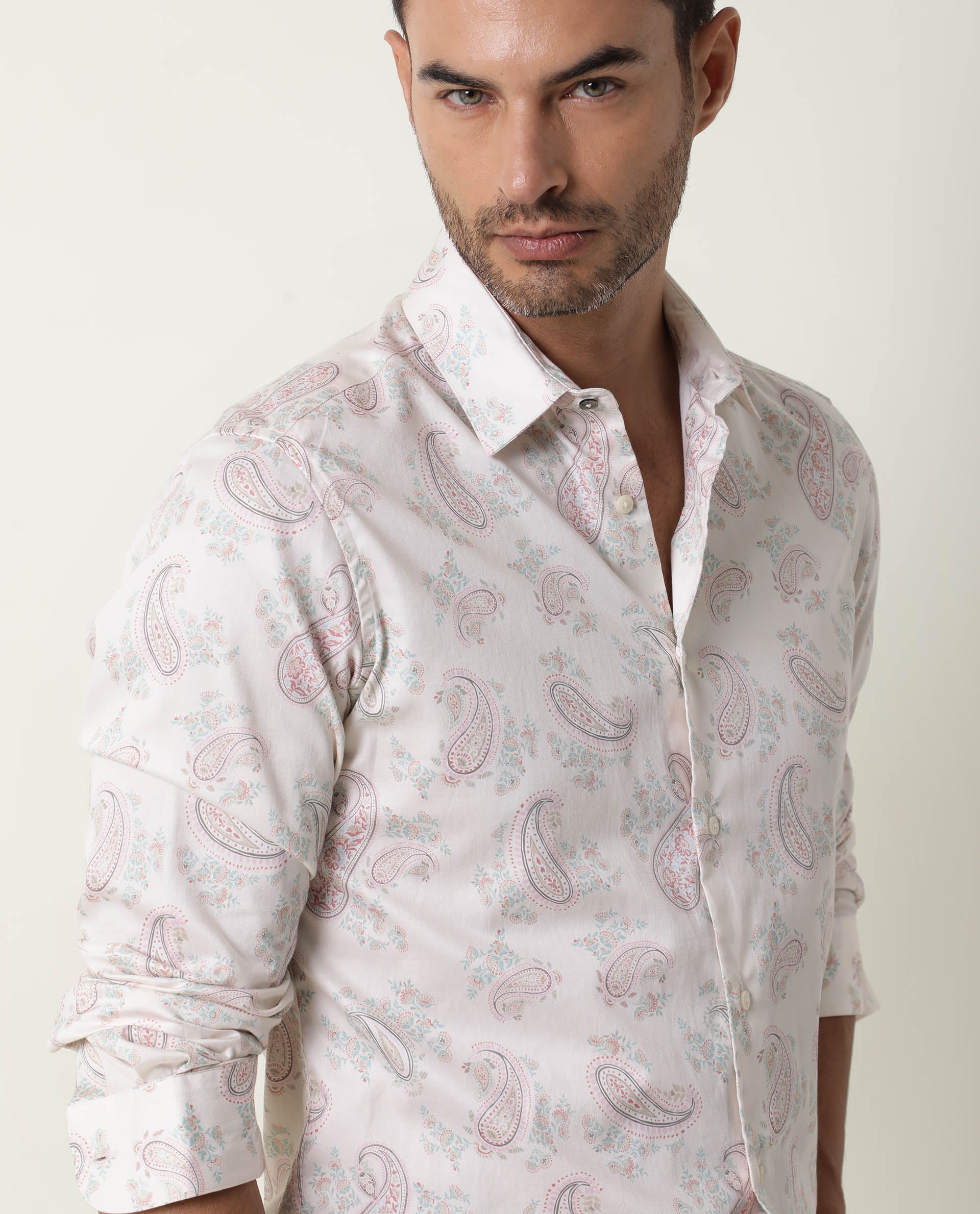 Rare Rabbit Men's Aldy Beige Viscose Fabric Paisley Print Full Sleeves Shirt