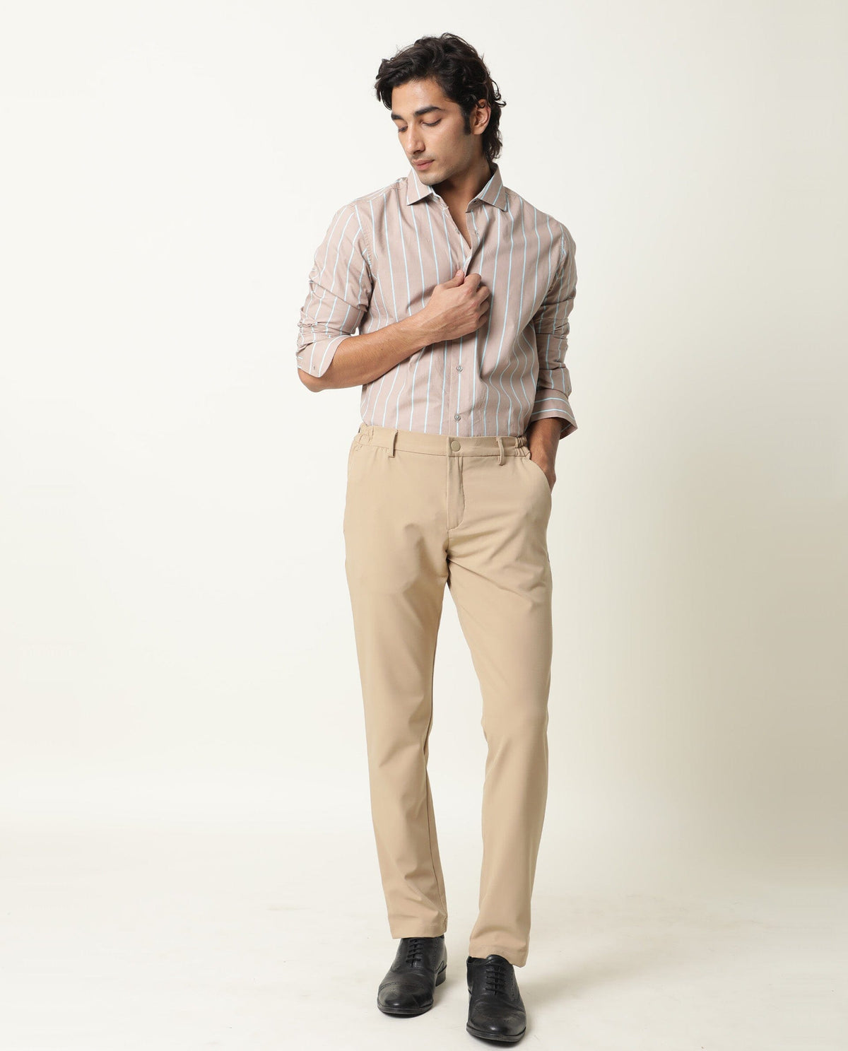 RARE RABBIT MEN'S MORAS BEIGE SHIRT COTTON FABRIC COLLARED NECK FULL SLEEVES