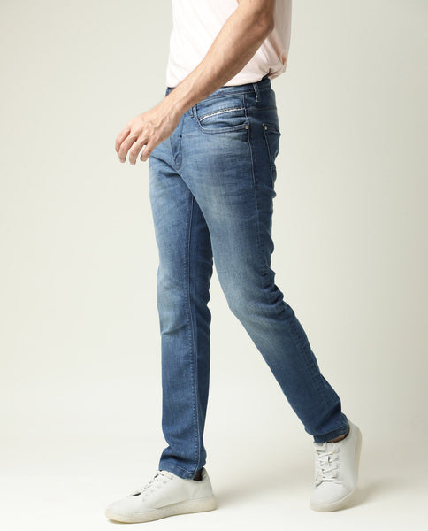 Rare Rabbit Men's Matt-2 Blue Mid Wash Mid-Rise Slim Fit Jeans