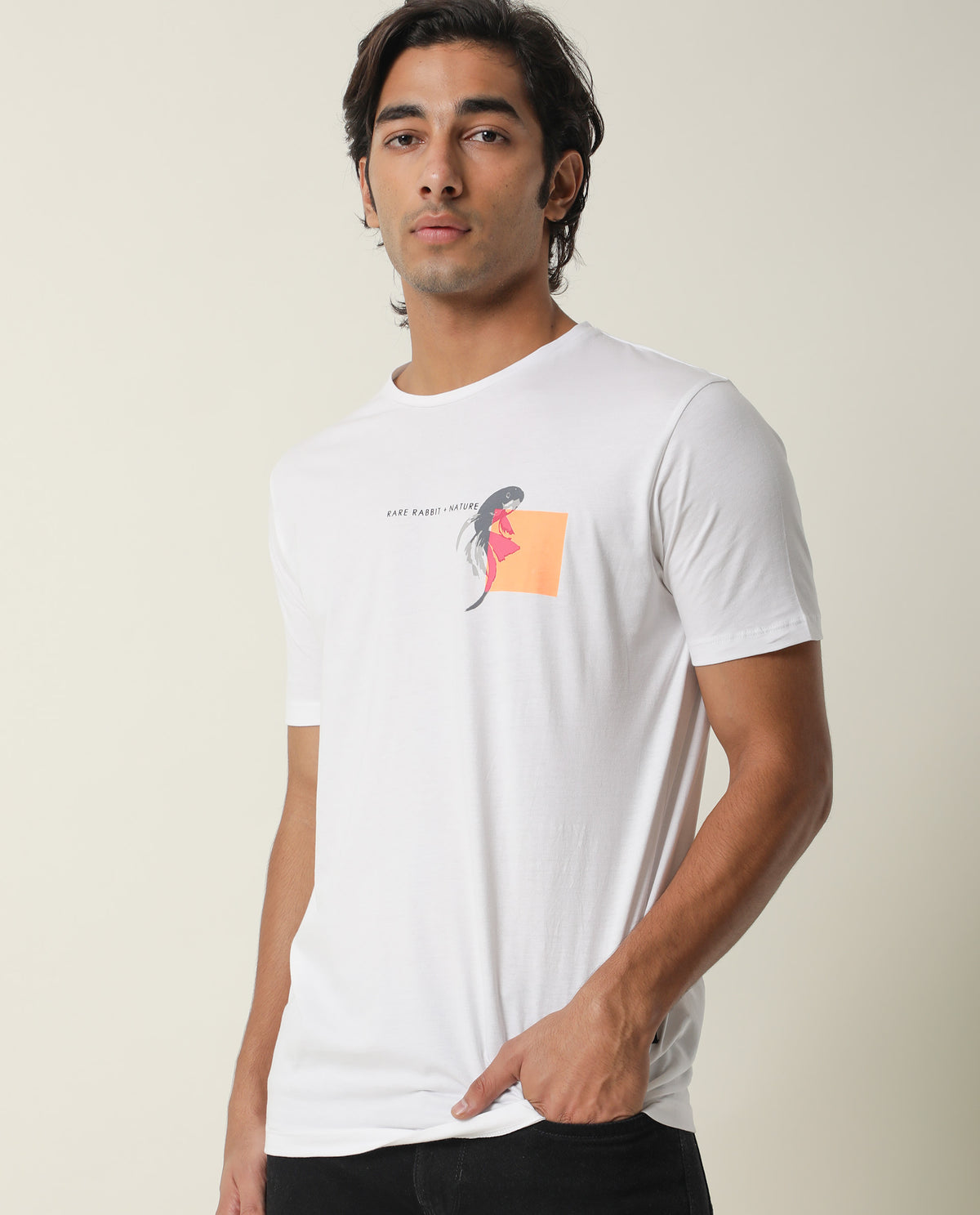 Rare Rabbit Men's Gol White Cotton Fabric Crew Neck Half Sleeves Slim Fit Graphic Print T-Shirt