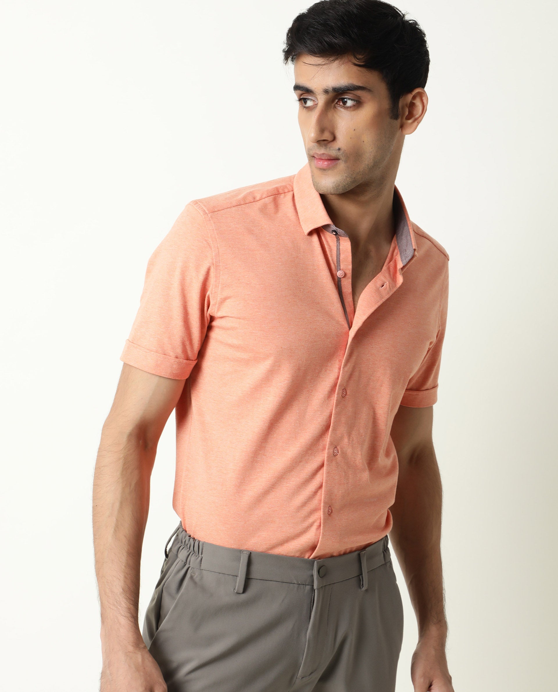 Rare Rabbit Men's Miraj Orange Cotton Fabric Half Sleeves Knitted Shirt