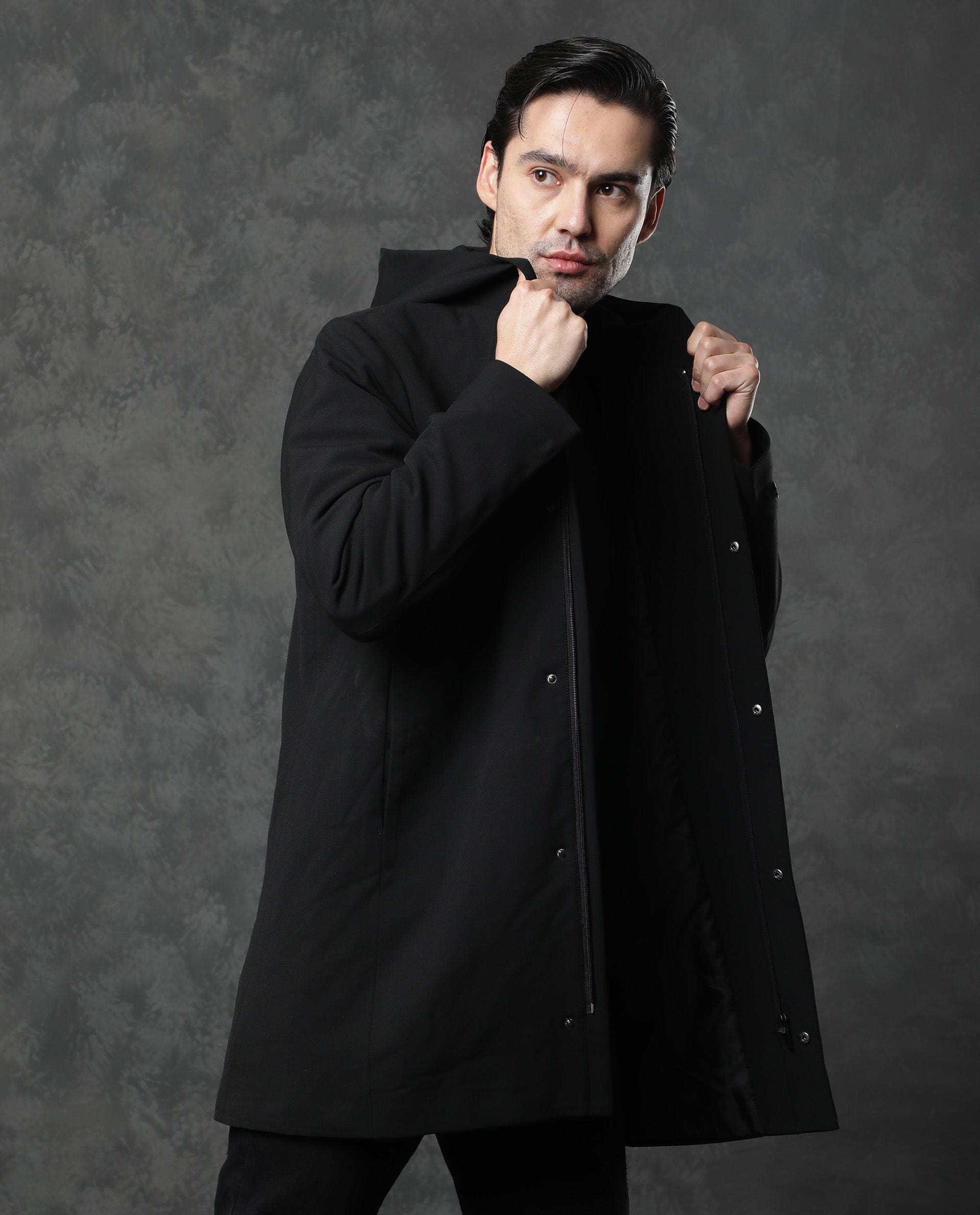 Rare Rabbit Men'S Clichy Black Jacket Polyester Viscose Fabric Hooded Neck Full Sleeves Zipper Closure Slim Fit