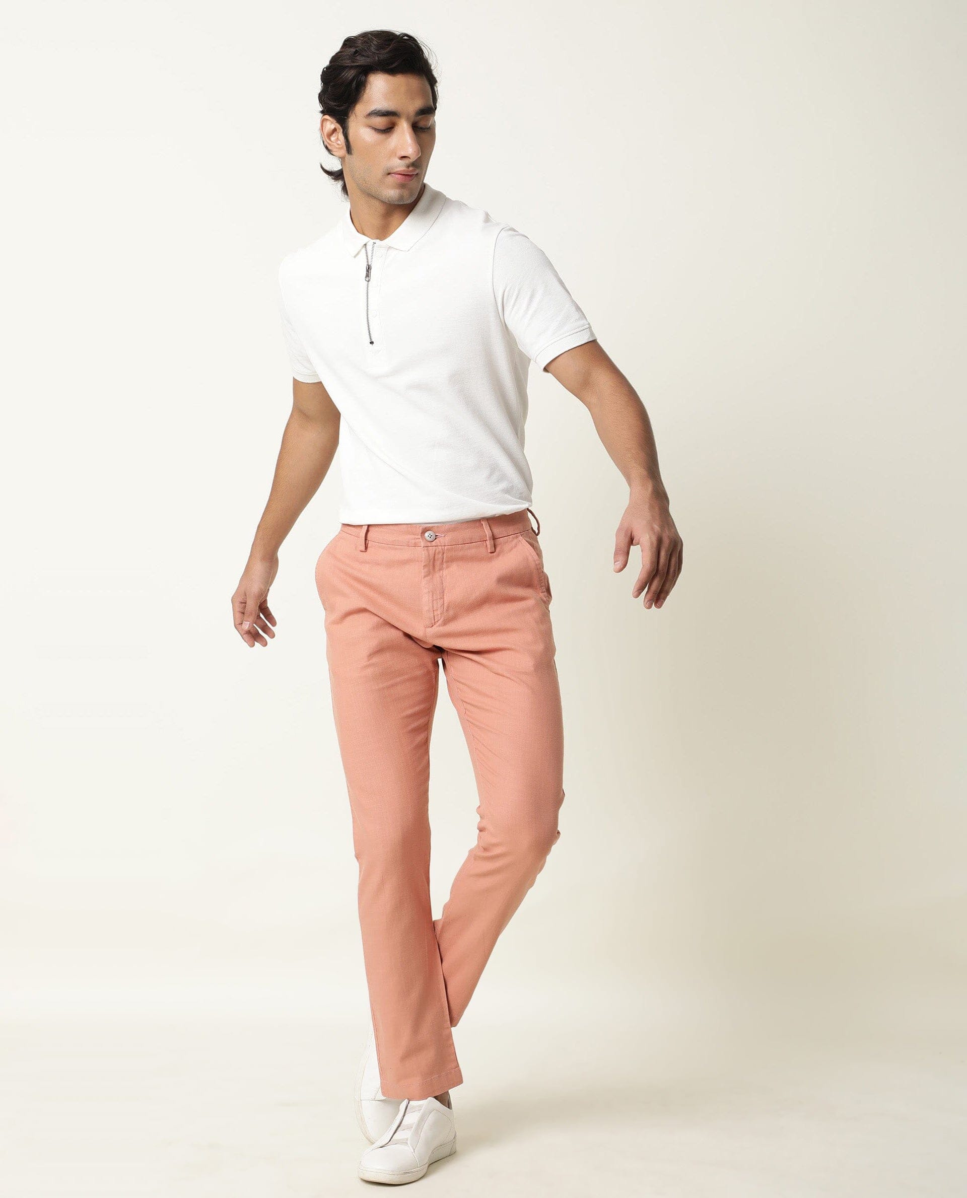 Rare Rabbit Men's Corn Pink Solid Mid-Rise Regular Fit Stretch Trouser