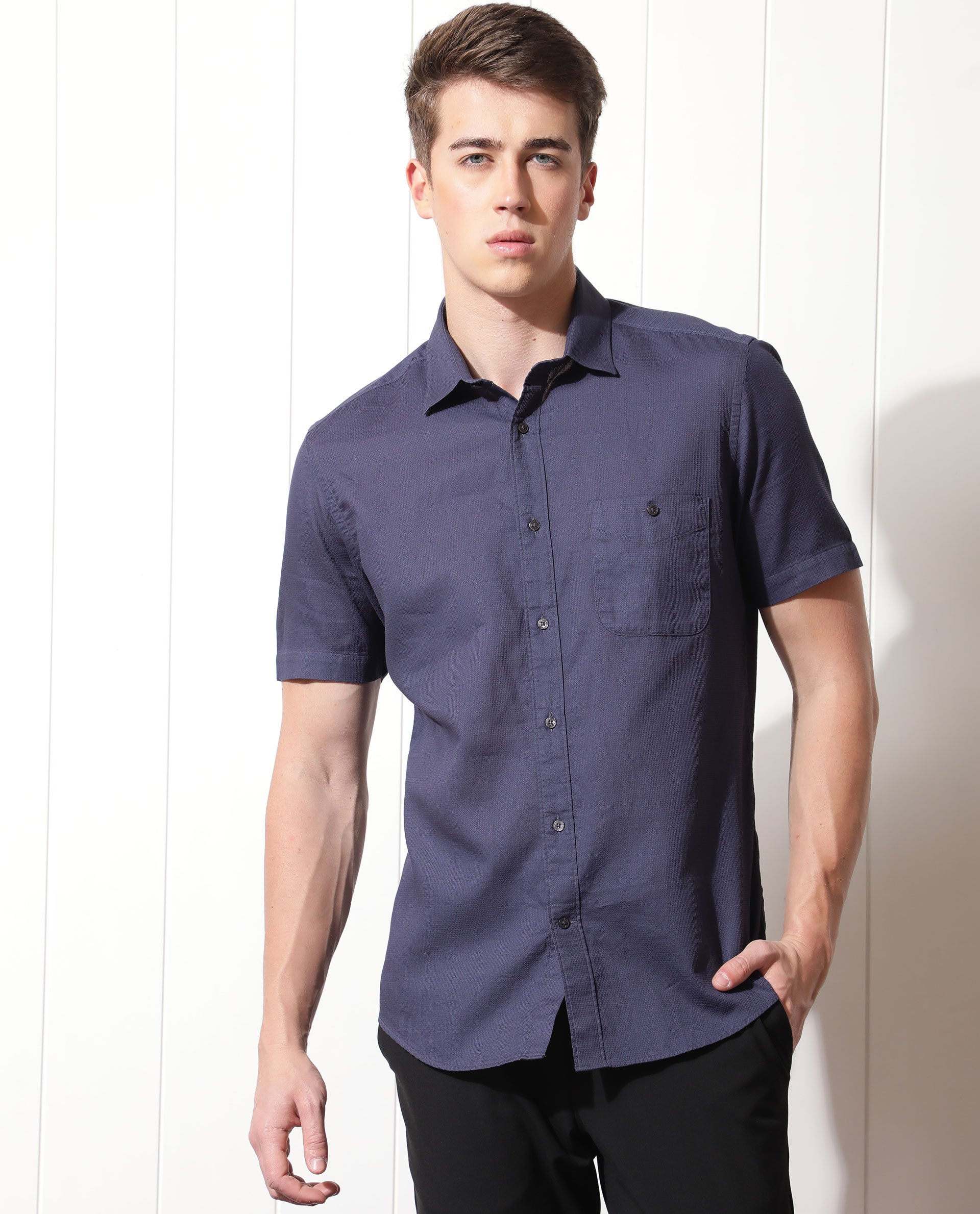 Rare Rabbit Men's Affle Dark Purple Dobby Fabric Half Sleeves Solid Shirt