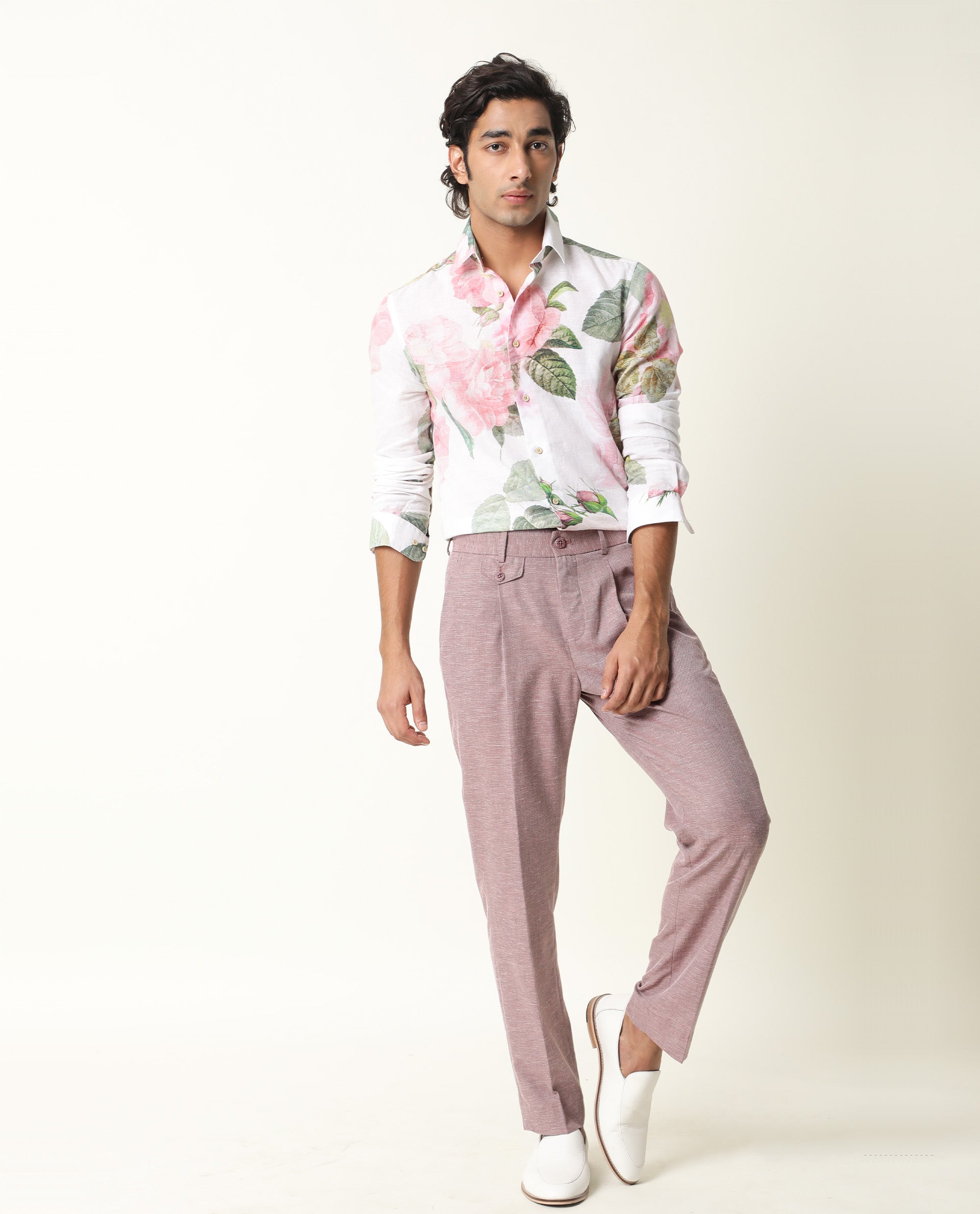 Rare Rabbit Men's Slovens White Shirt Cotton Fabric Floral Print Full Sleeves Shirt