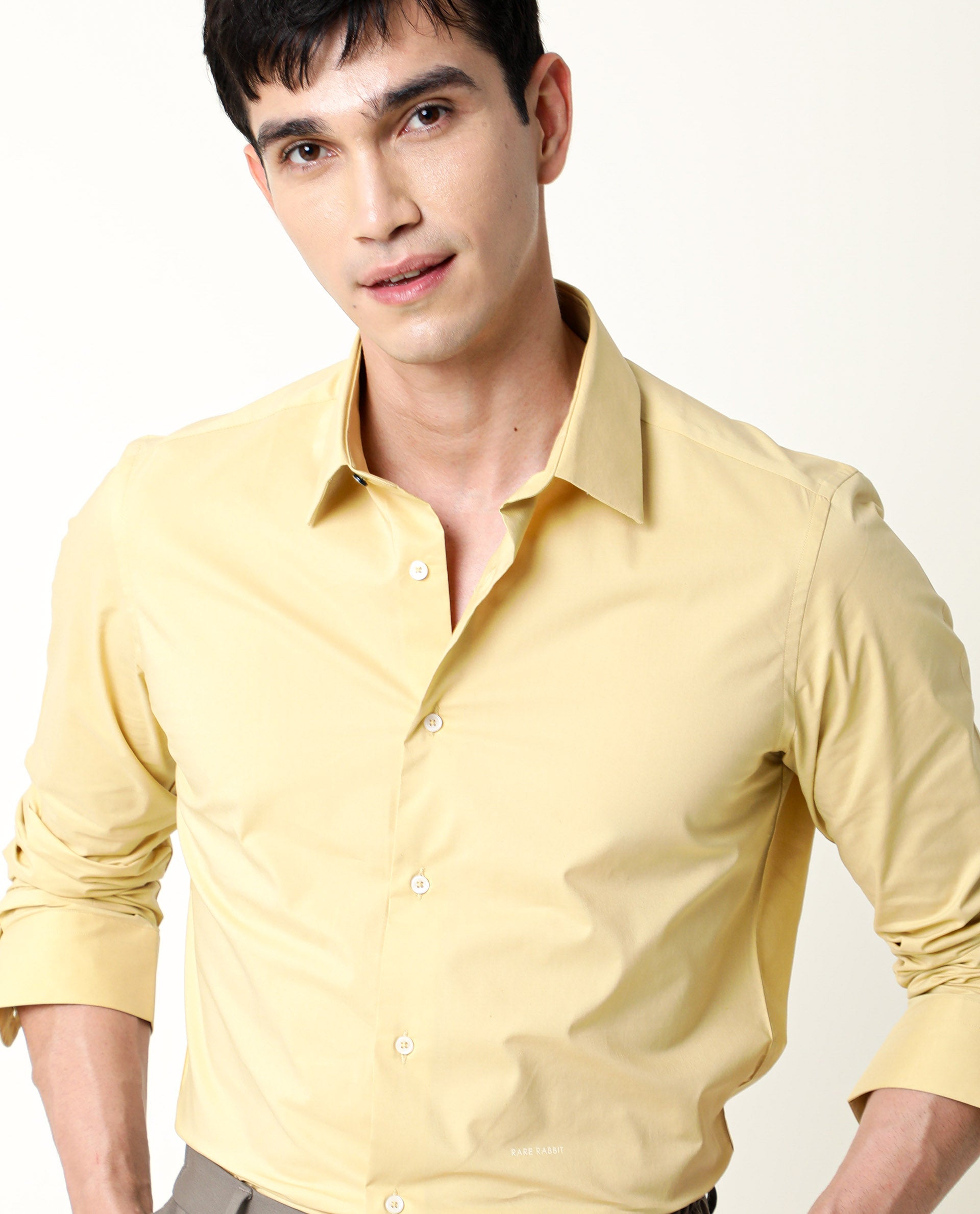 Rare Rabbit Men's Neutro Ls Light Mustard Cotton Polyester Fabric Full Sleeves Solid Shirt