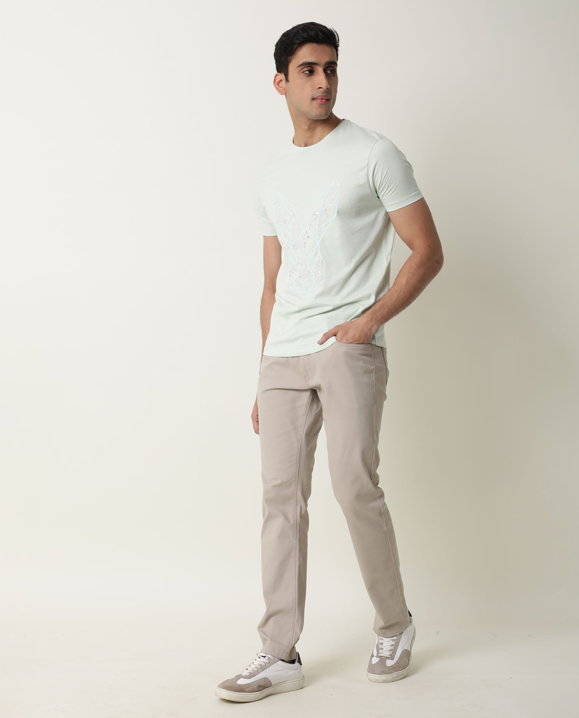 RARE RABBIT MENS MODERN-2 GREEN T-SHIRT COTTON FABRIC SLIM FIT CREW NECK HALF SLEEVE