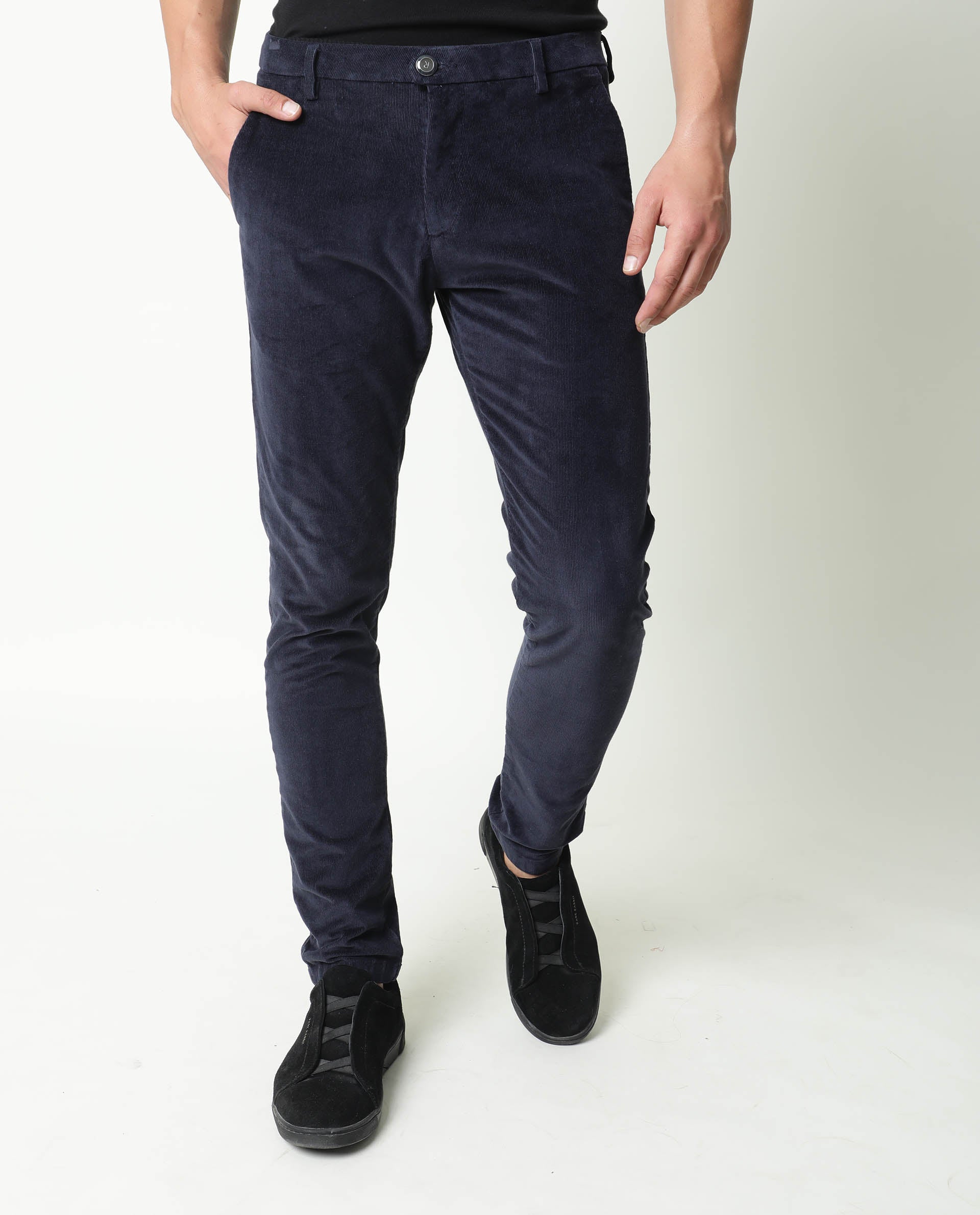 Rare Rabbit Men's Croc Navy Mid-Rise Regular Fit Premium Velvet Trouser