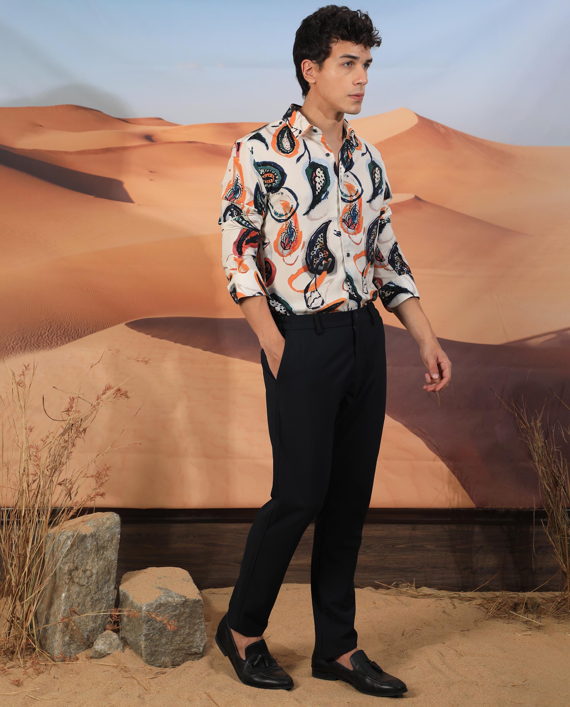 Rare Rabbit Men's Ivys Ls Beige Viscose Fabric Abstract Paisley Print Full Sleeves Shirt