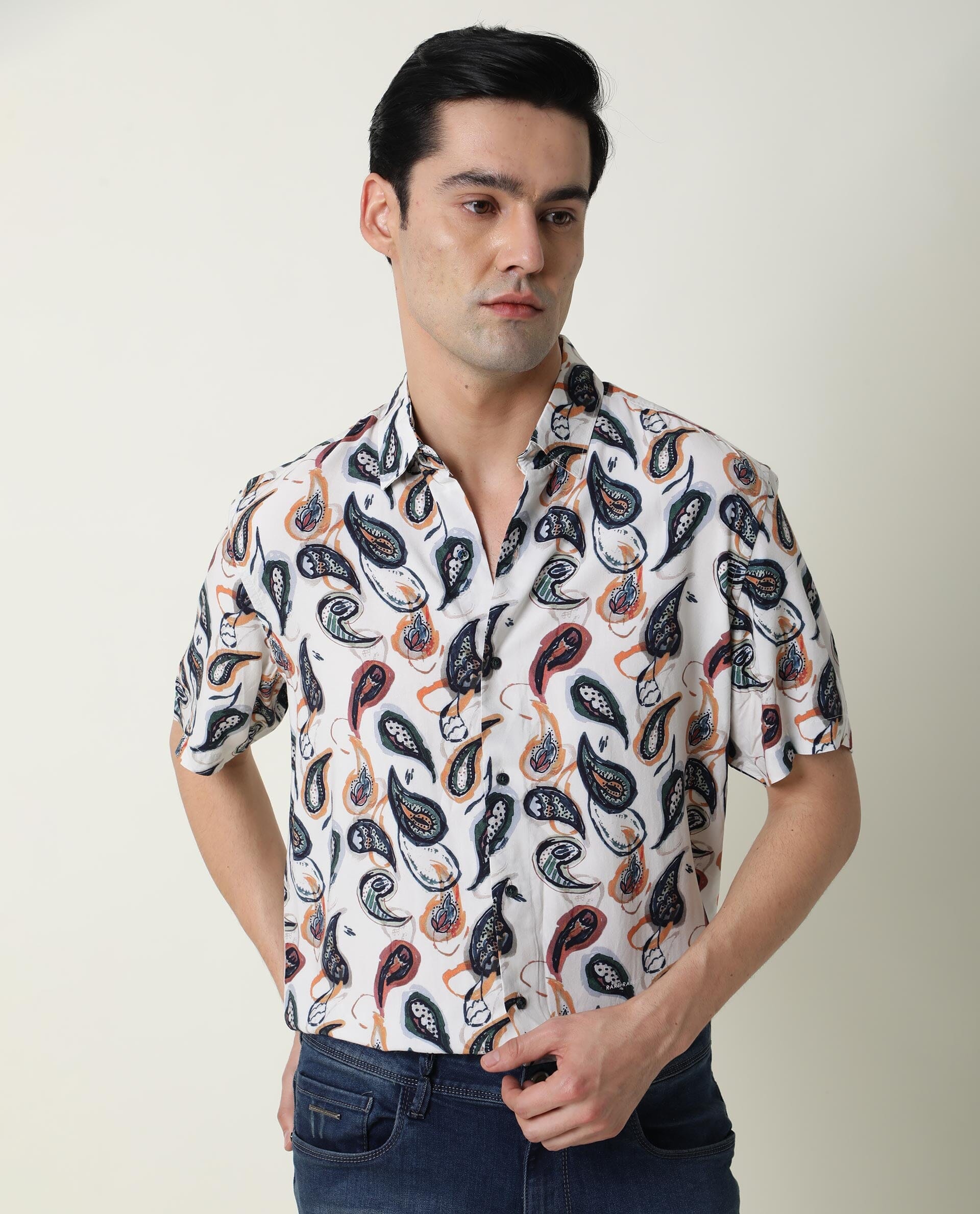 Rare Rabbit Men's Ivy Ss Beige Viscose Fabric Paisley Print Half Sleeves Shirt