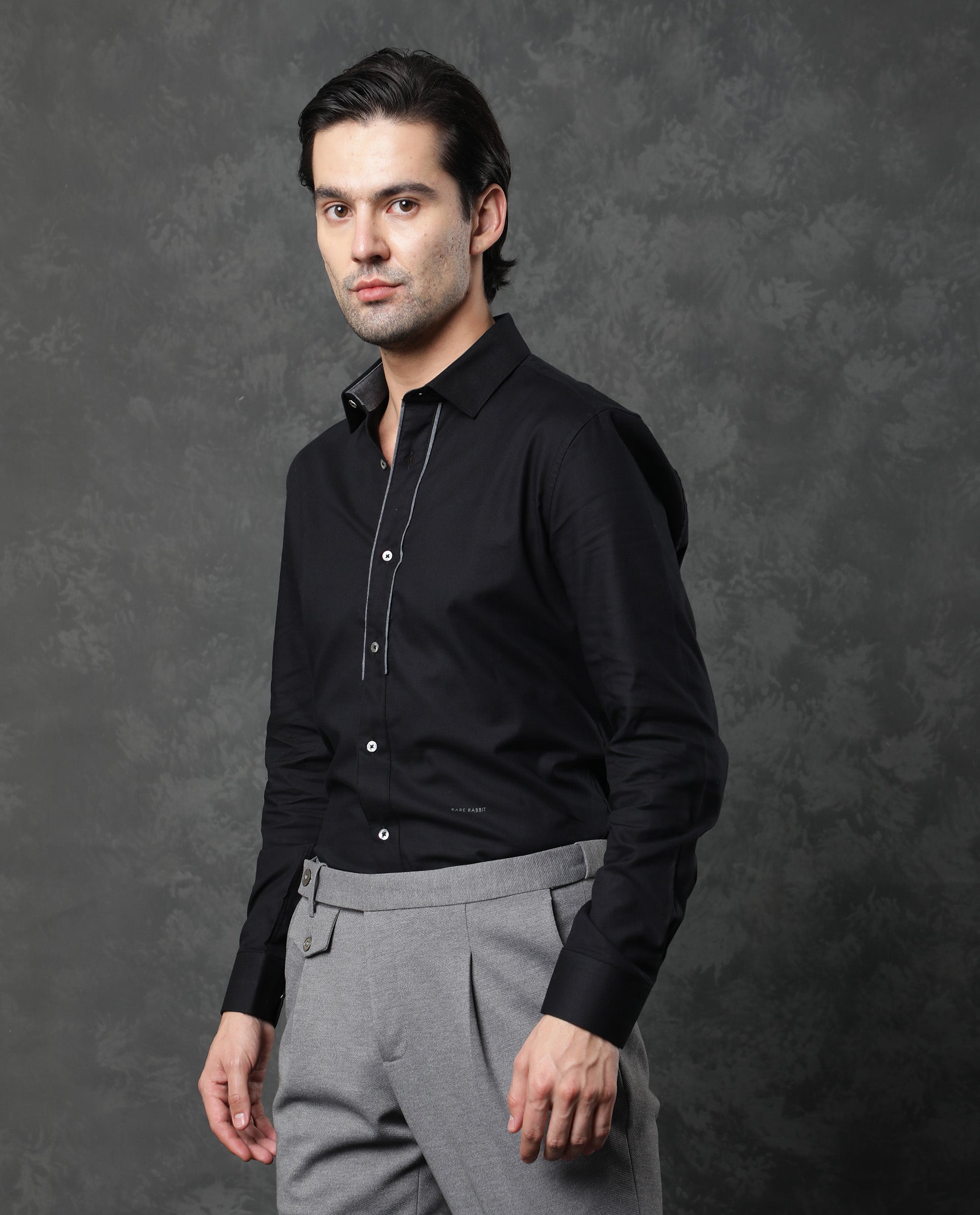 Rare Rabbit Men's Cavell Black Cotton Fabric Full Sleeves Solid Shirt