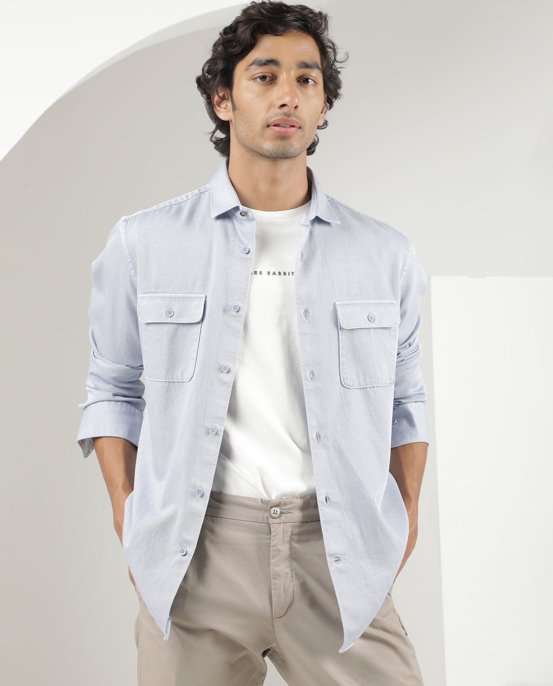 Rare Rabbit Men's Lyton Pastel Blue Cotton Fabric Full Sleeves Solid Twill Shirt