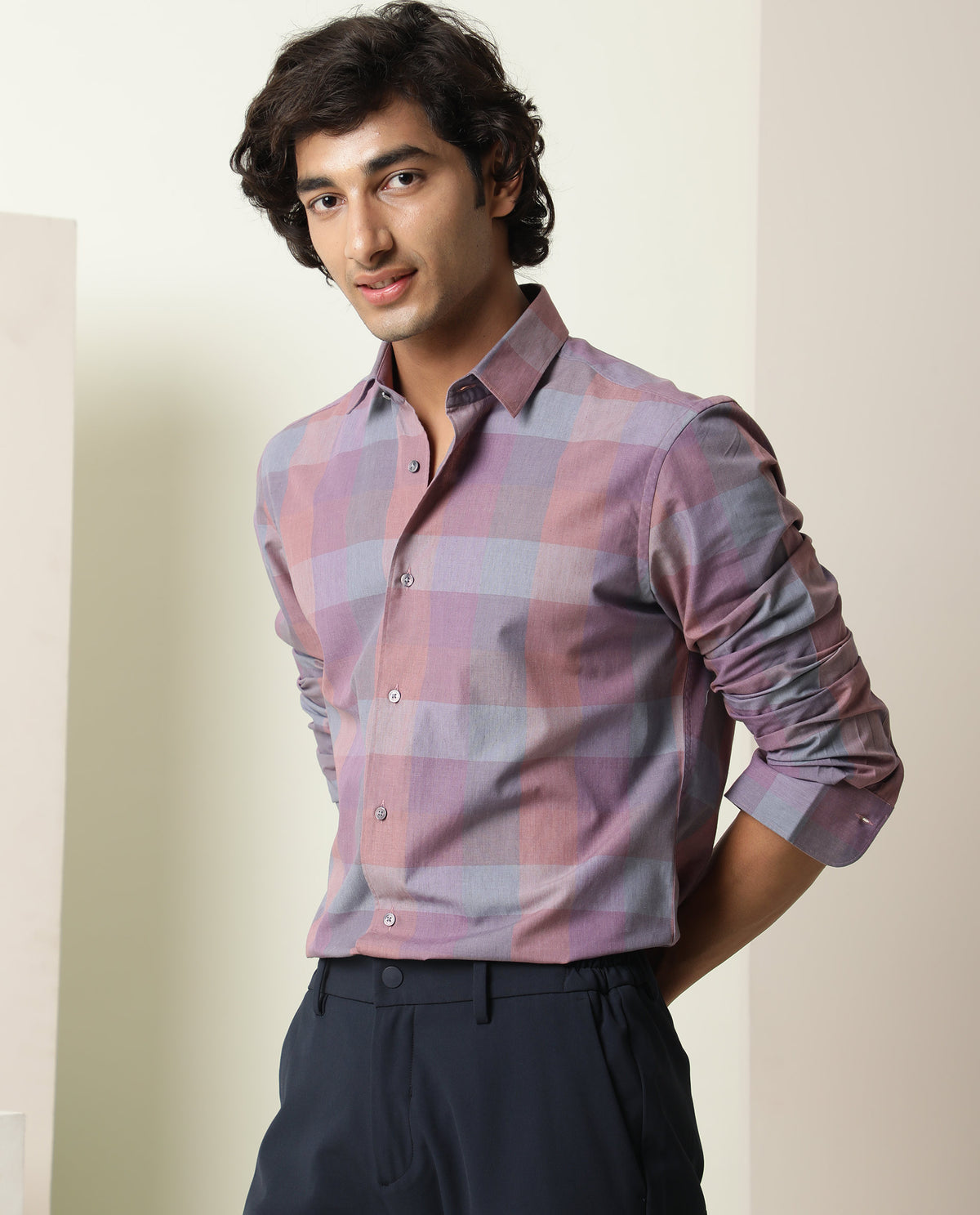 Rare Rabbit Men's Vasco Pink Cotton Fabric Full Sleeves Checks Print Shirt