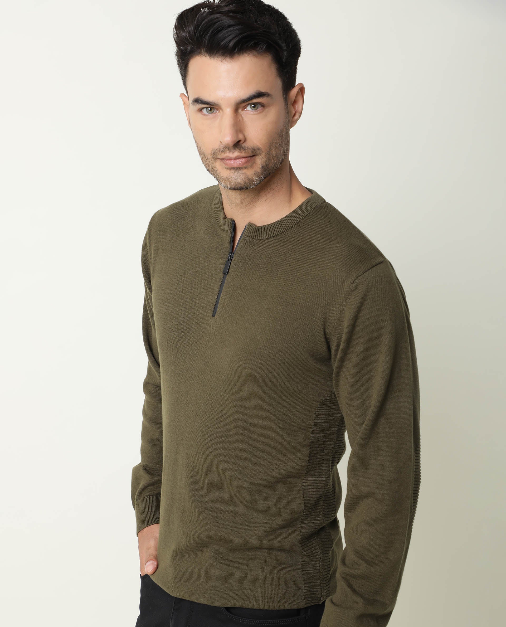 Rare Rabbit Men'S Rumbled Olive Sweater Cotton Fabric Full Sleeves Zipper Closure Slim Fit