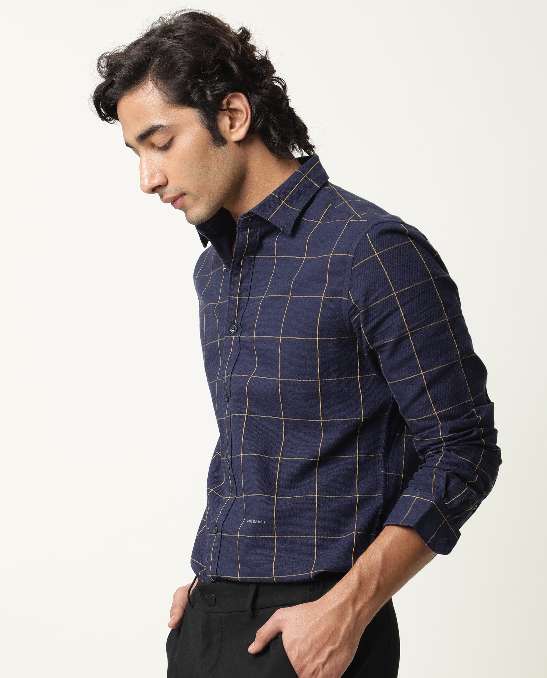 Rare Rabbit Men's Corneto Navy Cotton Fabric Full Sleeves Checks Shirt