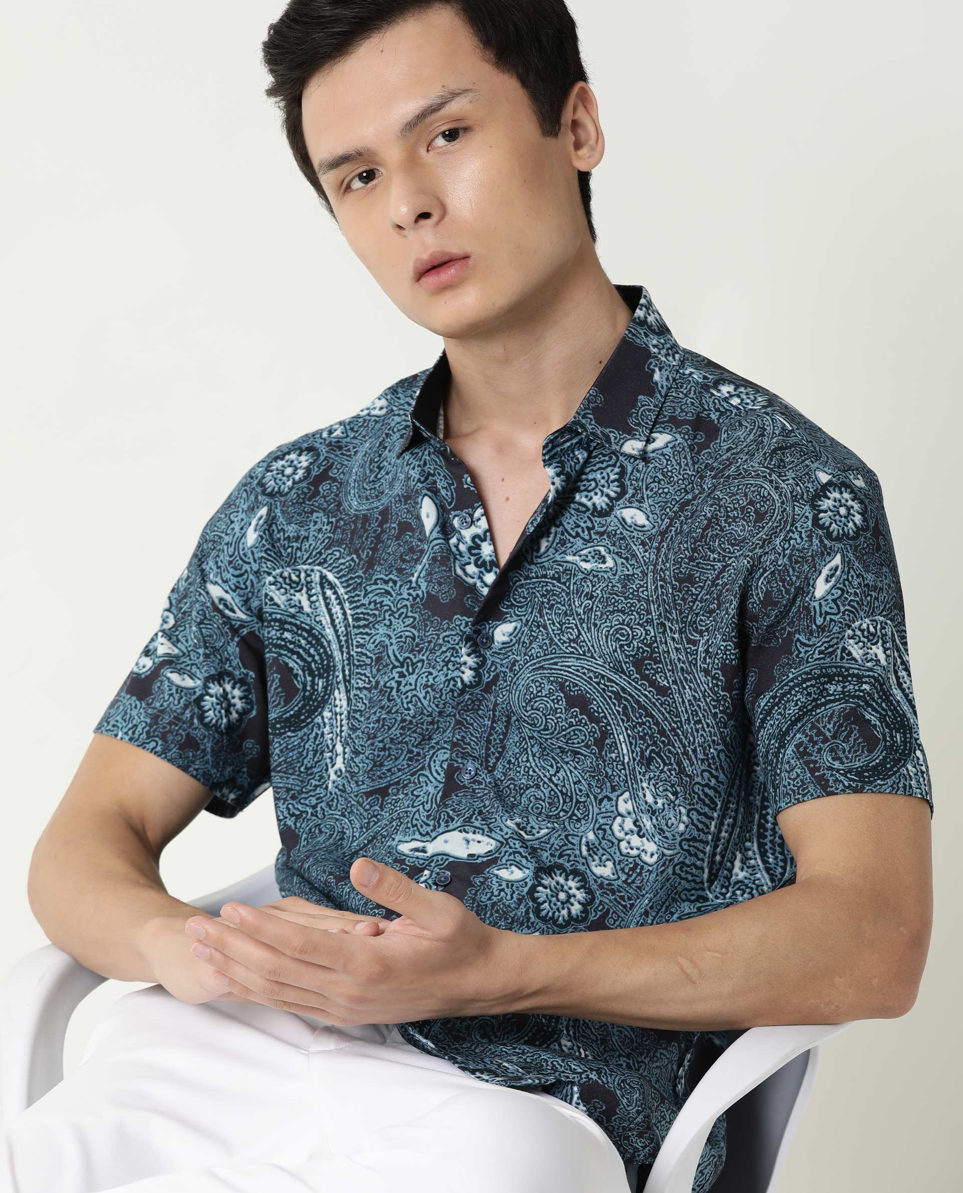 RARE RABBIT MENS LAWRN SS BLUE SHIRT COTTON VISCOSE FABRIC SLIM FIT COLLAR COLLAR Short Sleeve