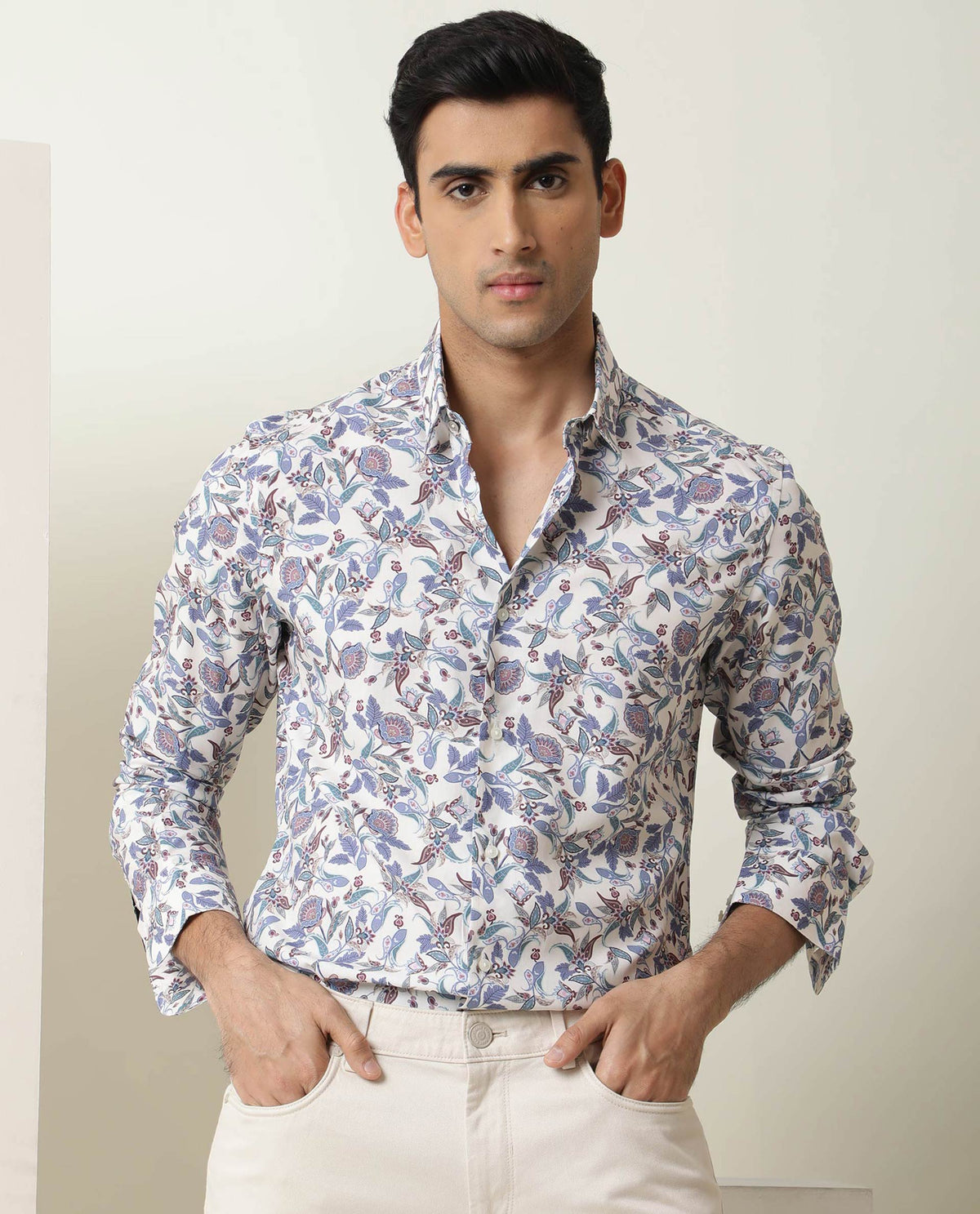 Rare Rabbit Men's Lambos White Viscose Fabric Floral Print Full Sleeves Shirt