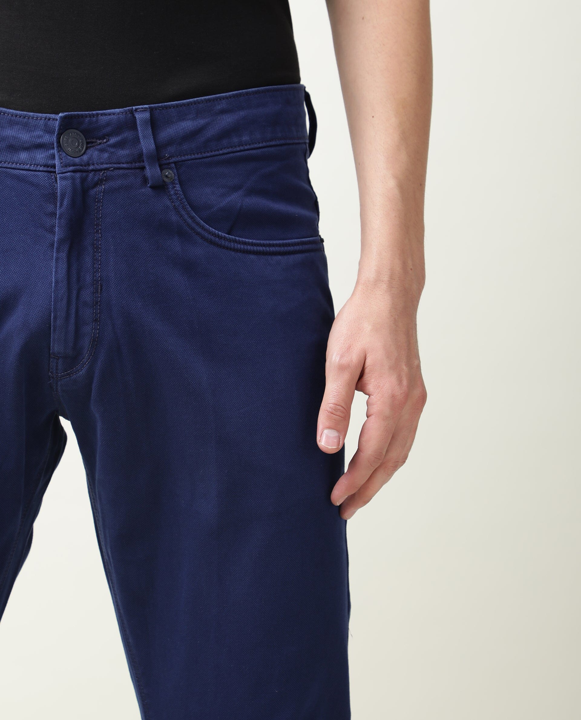 Rare Rabbit Men's Fiv5 Blue Solid Mid-Rise Slim Fit Trouser