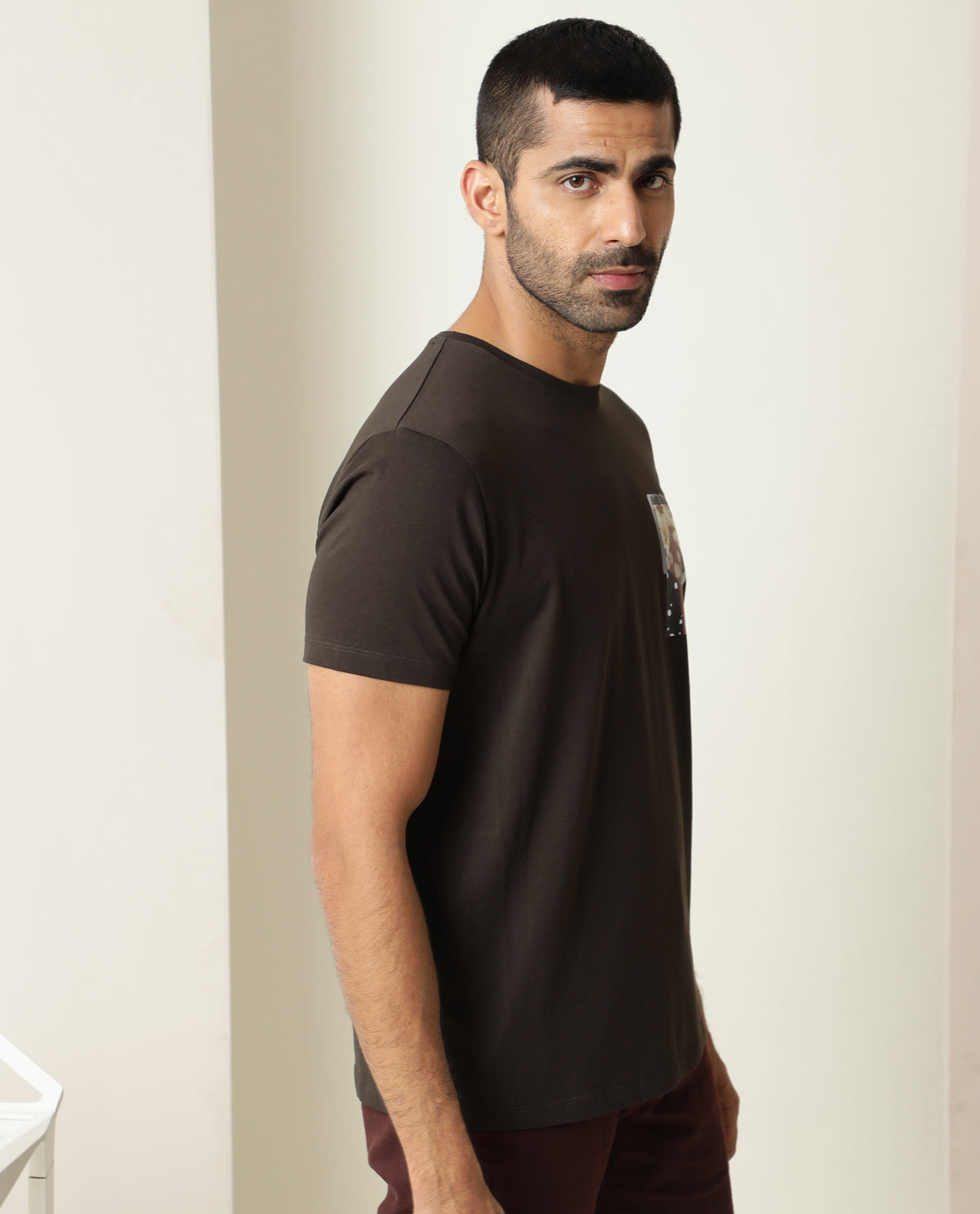Rare Rabbit Men's Roseta Olive Cotton Lycra Fabric Crew Neck Half Sleeves Regular Fit Abstract Graphic Print T-shirt