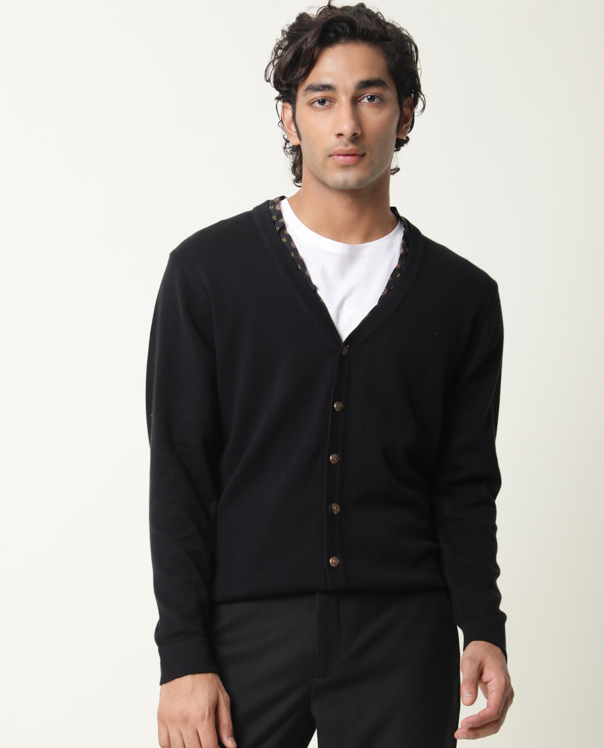 Rare Rabbit Richer Primary Black Pullover Cotton Fabric Full Sleeve V-Neck Slim Fit