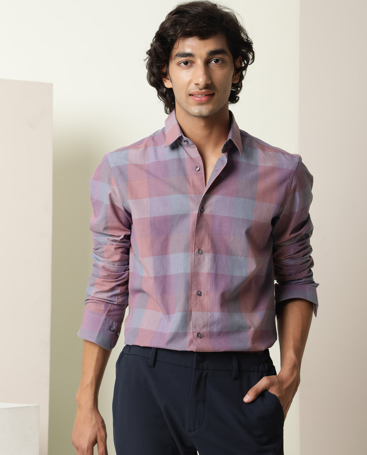 Rare Rabbit Men's Vasco Pink Cotton Fabric Full Sleeves Checks Print Shirt