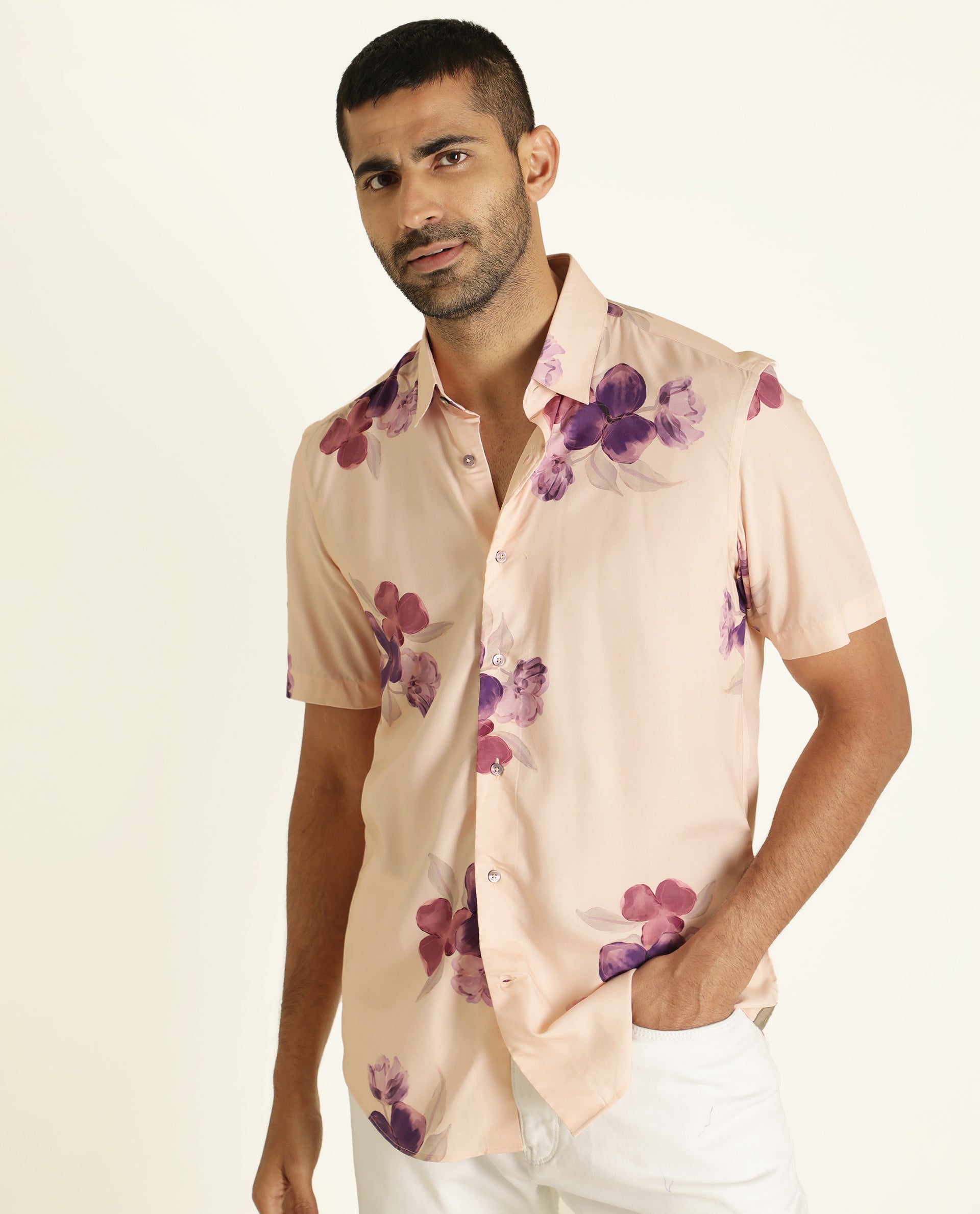 Rare Rabbit Men's Zion Beige Viscose Fabric Floral Print Half Sleeves Shirt