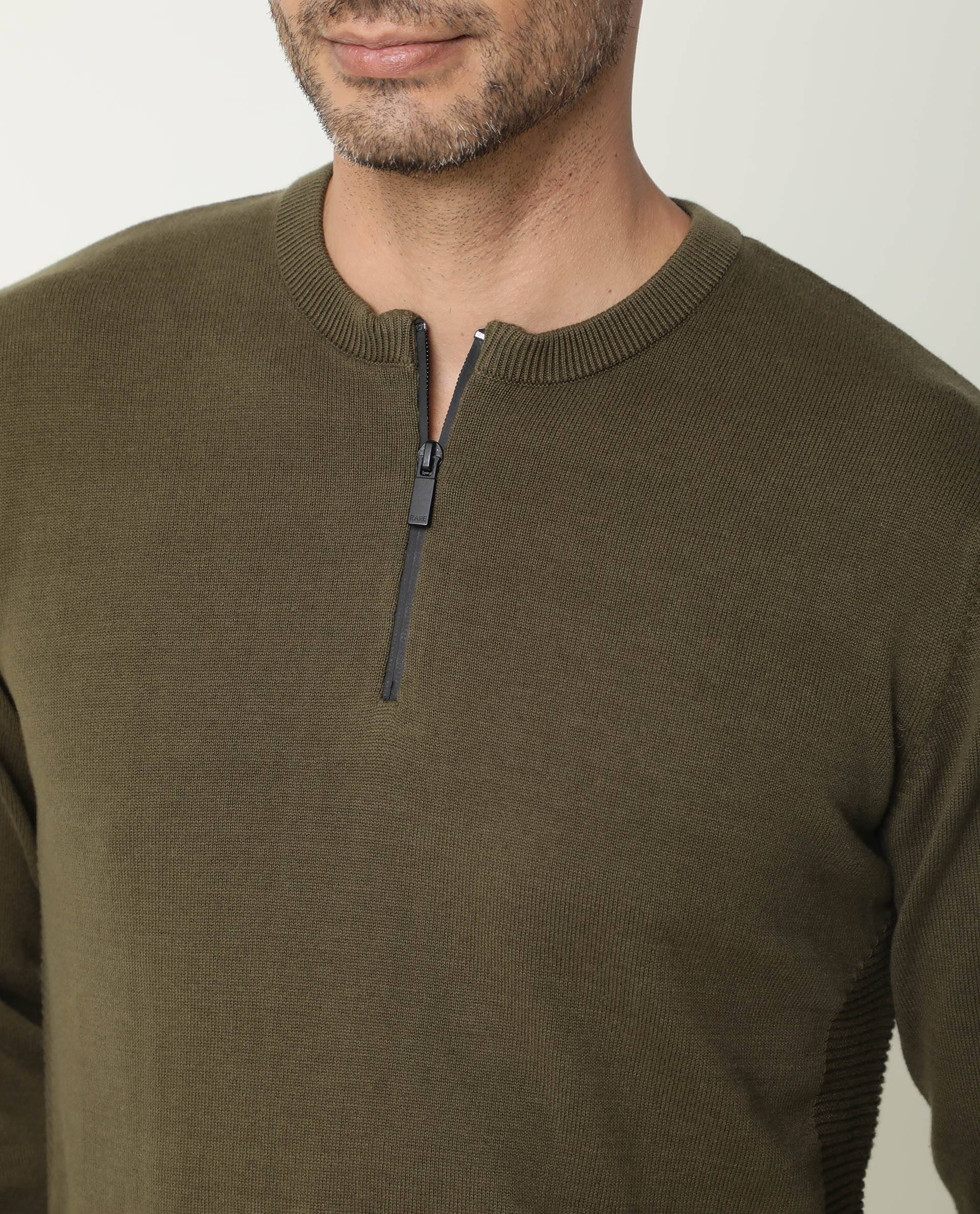 Rare Rabbit Men'S Rumbled Olive Sweater Cotton Fabric Full Sleeves Zipper Closure Slim Fit