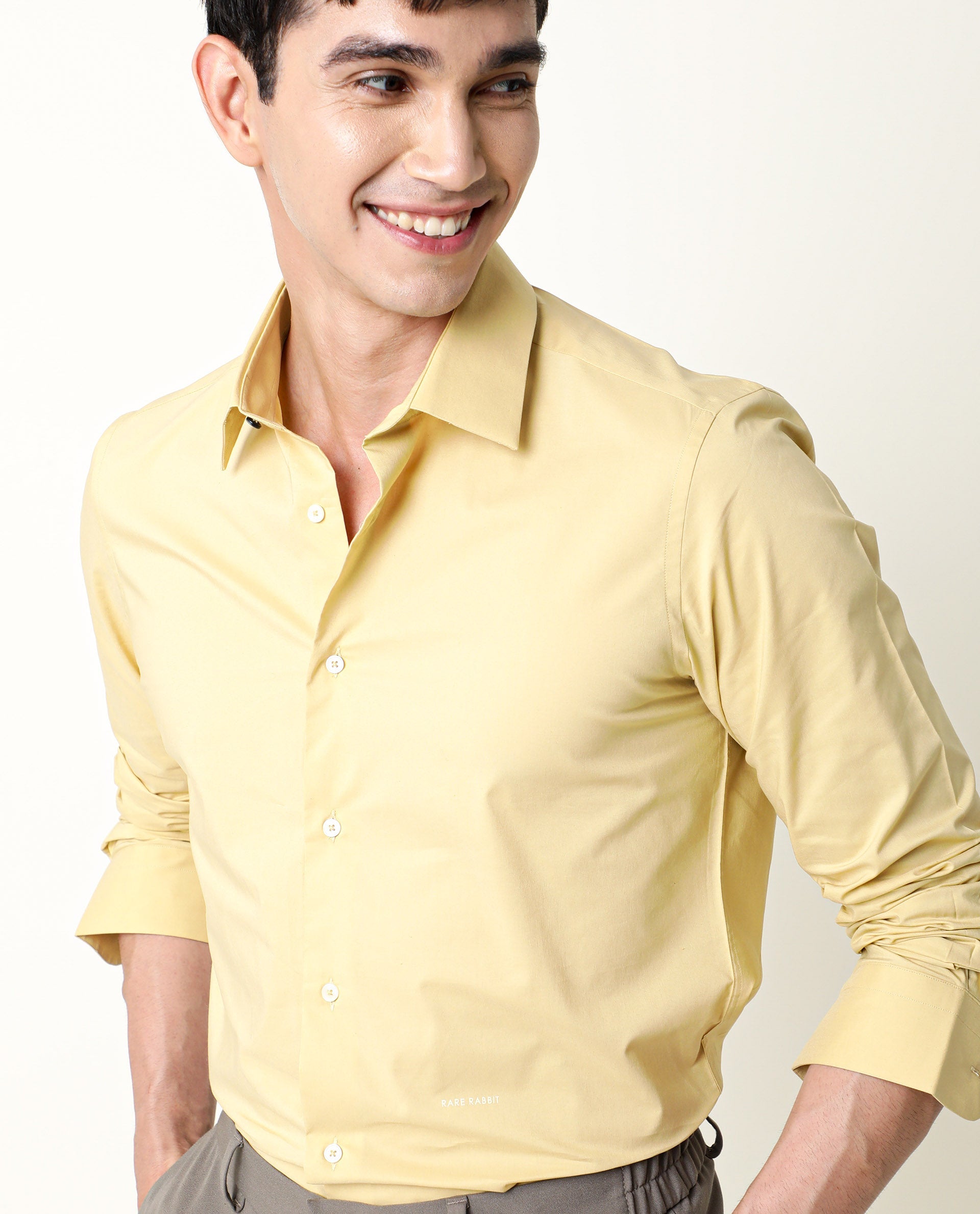 Rare Rabbit Men's Neutro Ls Light Mustard Cotton Polyester Fabric Full Sleeves Solid Shirt